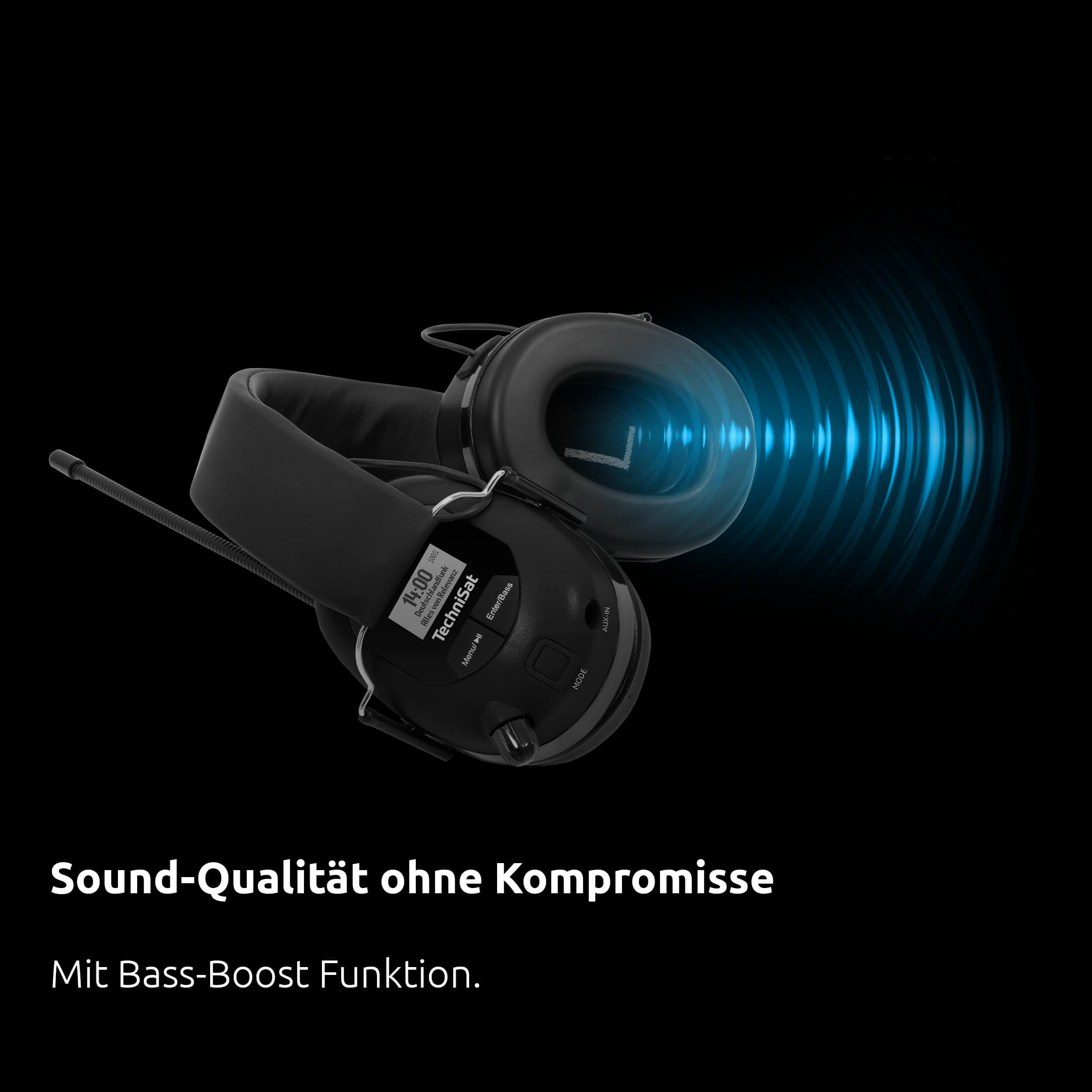TechniSat STEREOMAN DAB+ OD – kabelloser Stereo DAB+/FM Bluetooth-Kopfhörer (Radioempfang, Kurze Antenne, Integriertes Mikrofon, Kapselgehörschutz, für den Außeneinsatz) schwarz