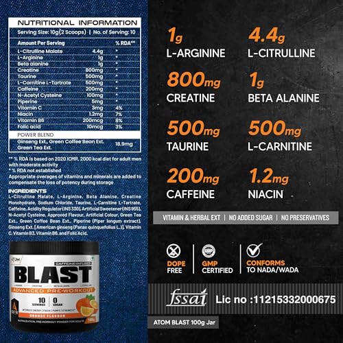 Image of Asitis Nutrition Atom Blast Advanced Pre-Workout Powder - 100Gms, Orange, Caffeine & L- Arginine Infused, Optimizes Energy, Increase Strength & Pumps