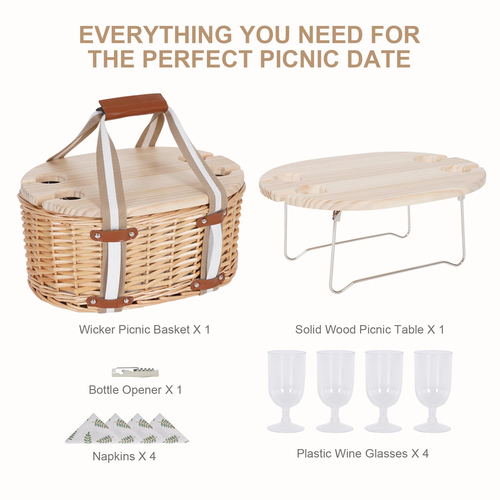 Set di cestini da picnic per 4 persone, cestino da picnic isolato in vimini con tavolo pieghevole per vino, kit da picnic con fodera per coppie, campeggio, all'aperto, San Valentino (foglia)