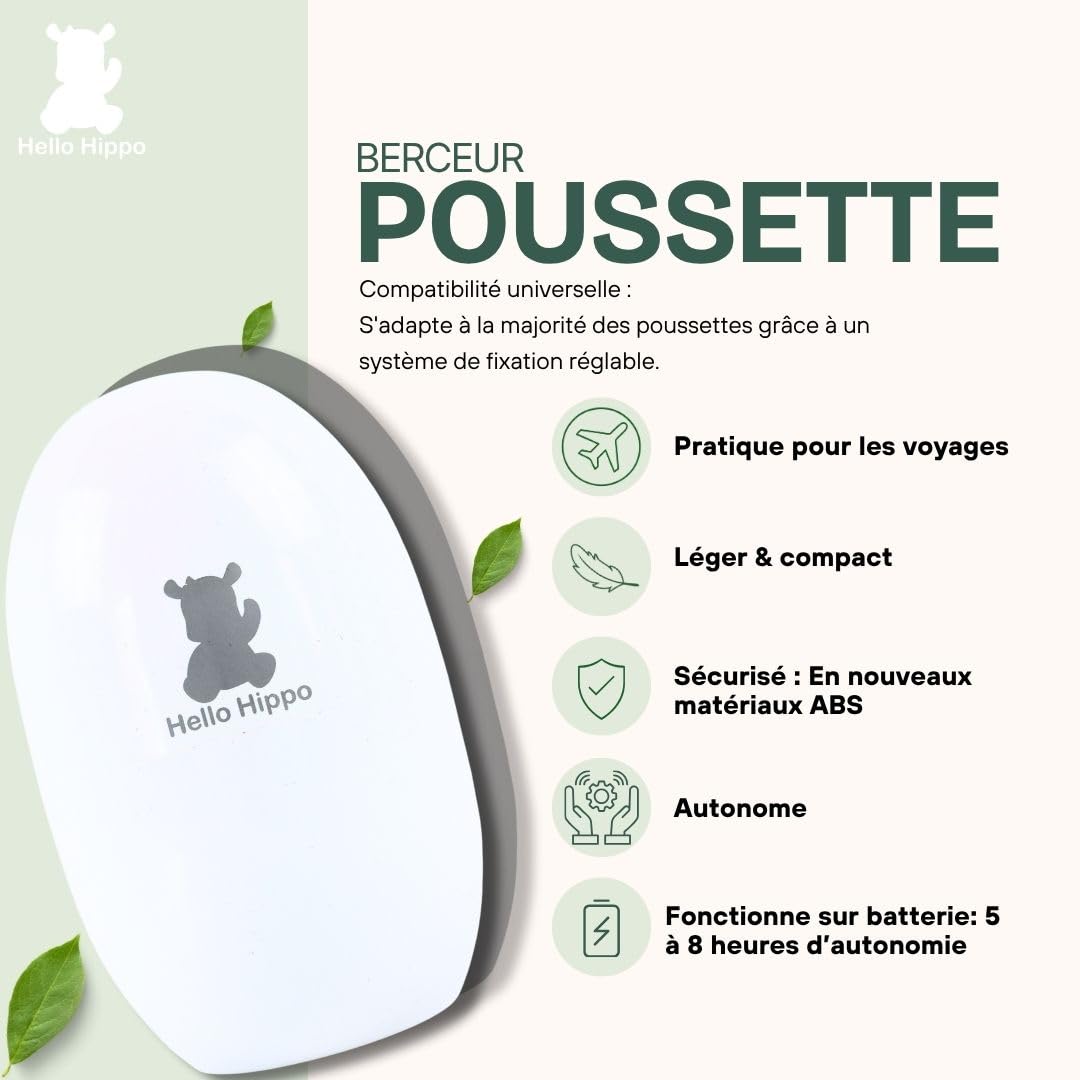 Hello Hippo - Berceur bébé automatique USB-C rechargeable – Baby Rocker - Aide au sommeil pour toute poussette cane nacelle, landau – 3 vitesses– Silencieux, compact, fixation universelle, nomade