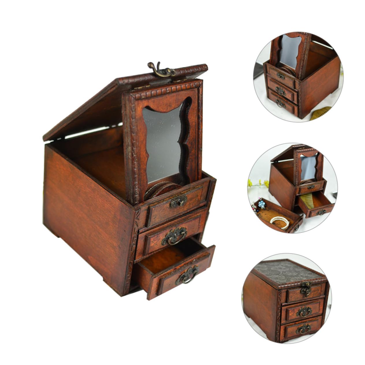 Alipis Coffret à Bijoux en Bois Vintage avec Miroir, Organisateur de Rangement pour Colliers et Boucles D'oreilles, Style Chinois Charmant, Protège Dommages pour Présents Spéciaux