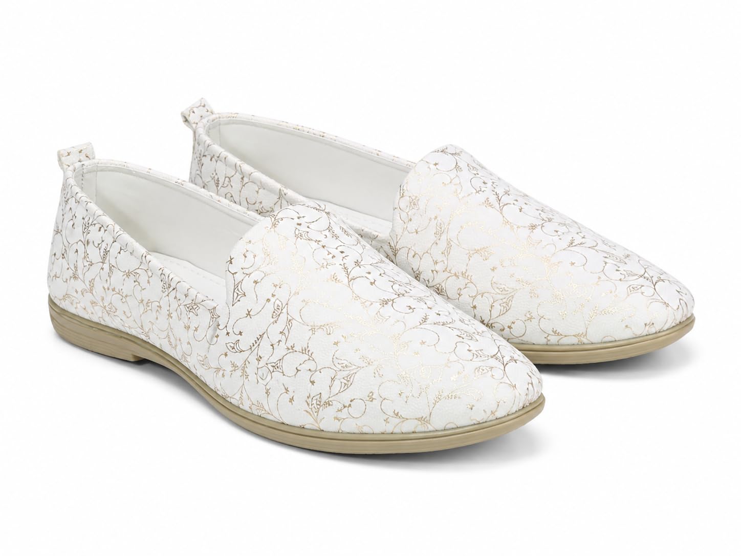 White Floral Print Slip-On Loafers | Lightweight Casual Ballet Flats (LOF-04)-image-1