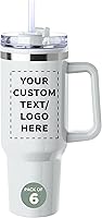 DISCOUNTPROMOS Hugo 40oz Custom Stainless Steel Travel Mugs Set of 6 Personalized Bulk - Leak-Proof Straw Lid for Coffee Adventures White