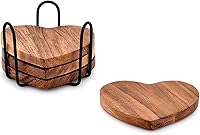 Vista 3 de Samhita Juego de 4 posavasos de madera de acacia en forma de corazón con soporte de hierro para decoración de mesa auxiliar, regalo de inauguración