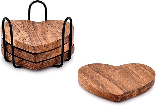 Miniatura 3 de Samhita Juego de 4 posavasos de madera de acacia en forma de corazón con soporte de hierro para decoración de mesa auxiliar, regalo de inauguración