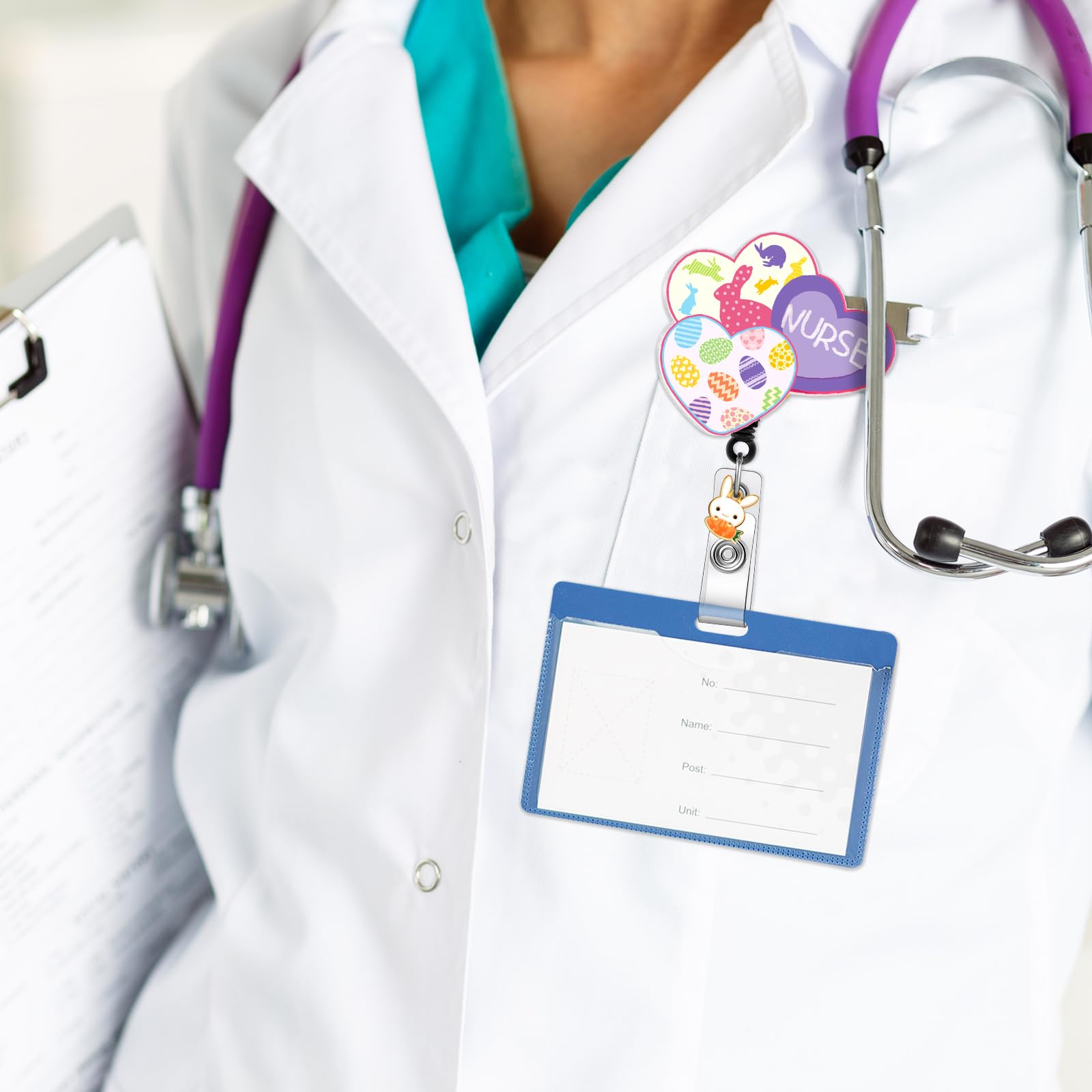 Eersida 3 Stück Ostertag-Krankenschwester-Ausweishalter, einziehbarer Glitzer, für Krankenschwestern, Ausweishalter, Glitzer, Hasen-Abzeichen, Spule, Krankenschwester, niedliches Häschen, Ei, Herz,