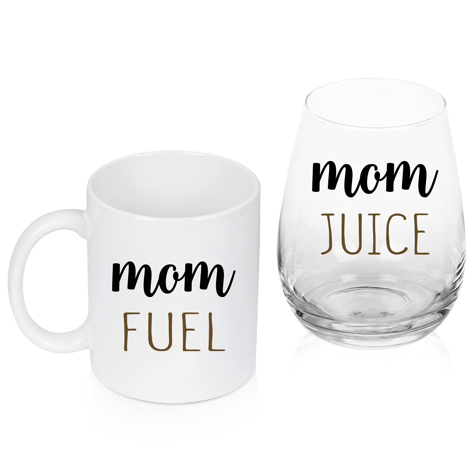 Mom Fuel Ceramic Coffee Mug?Mom Juice Stemless Wine Glass Set of 2, Funny Mom Coffee Mug 11Oz Wine Glass 15Oz - Mother’s Day Gifts for Mom New Mom First Mom Wife, Christmas Birthday Gift from Kids