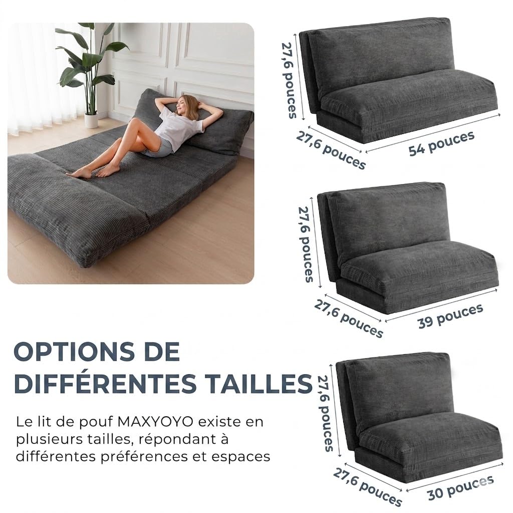MAXYOYO Pouf pliable en velours côtelé avec rembourrage en mousse, extra épais, 4 couches, matelas/canapé de sol pour adultes, housse amovible et lavable en machine, anthracite, 135 x 240 cm