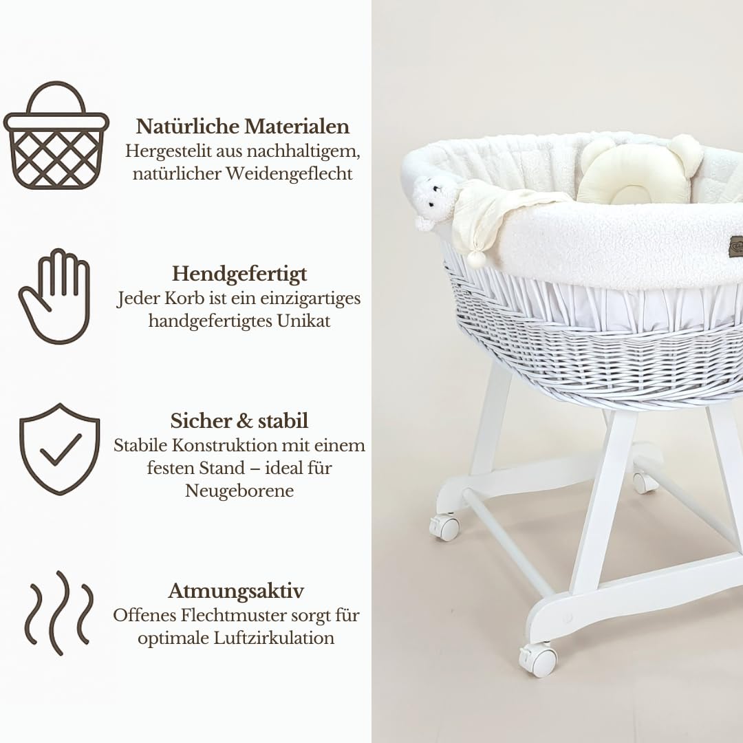 Łóżeczko dziecięce Amelia – ręcznie tkany Mojżesz z materacem i materacem – 5-częściowy zestaw pościeli Teddy Ecru – przenośny wózek na kółkach – idealny dla noworodków