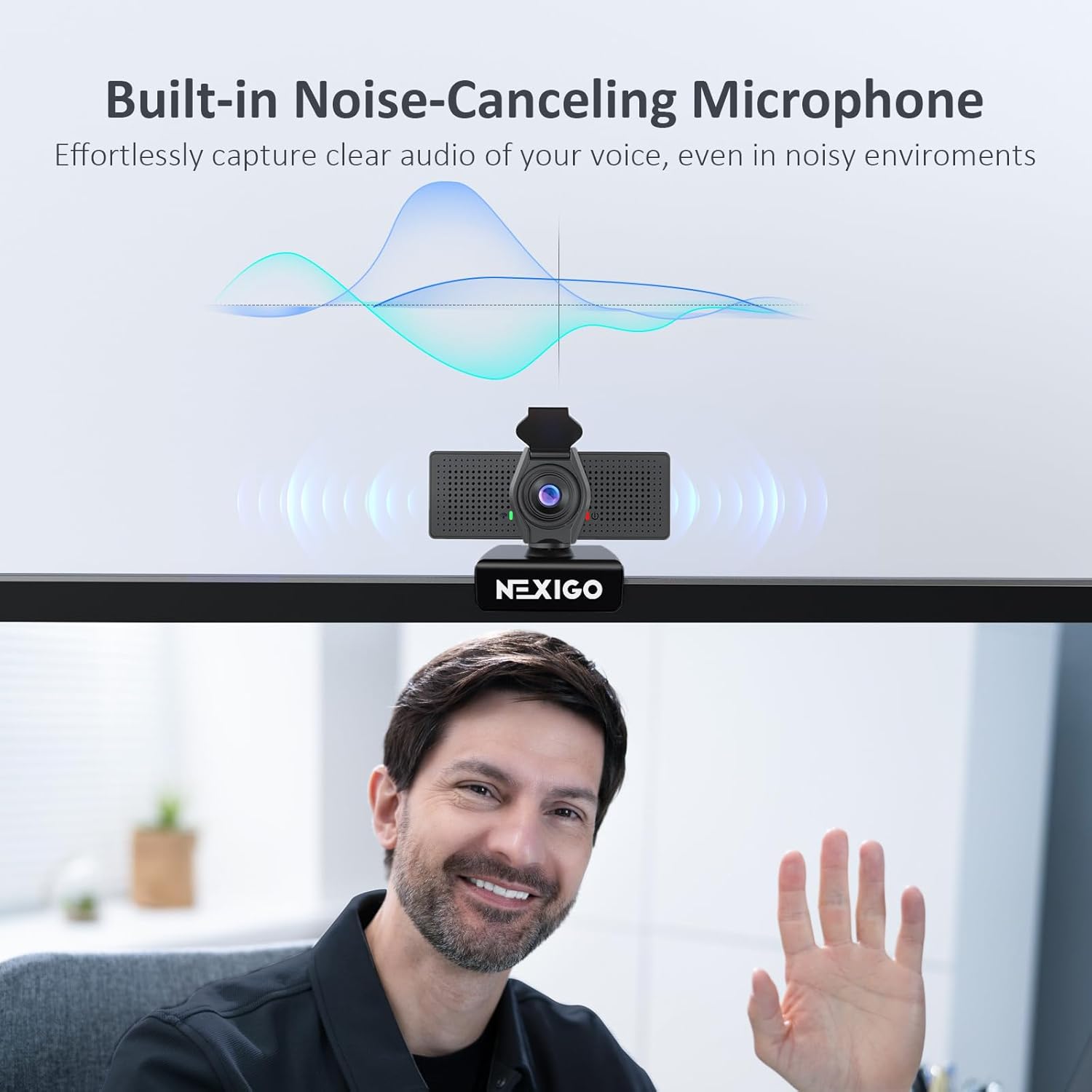 Illustration of sound waves being captured by the webcam's noise-canceling microphone