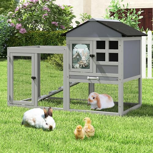 48' L Large Rabbit Hutch Outdoor Indoor, Expandable 2-Story Wooden Bunny Cage with Run, Removale Tray, 3 Entrances, Grey + Colorful Pattern