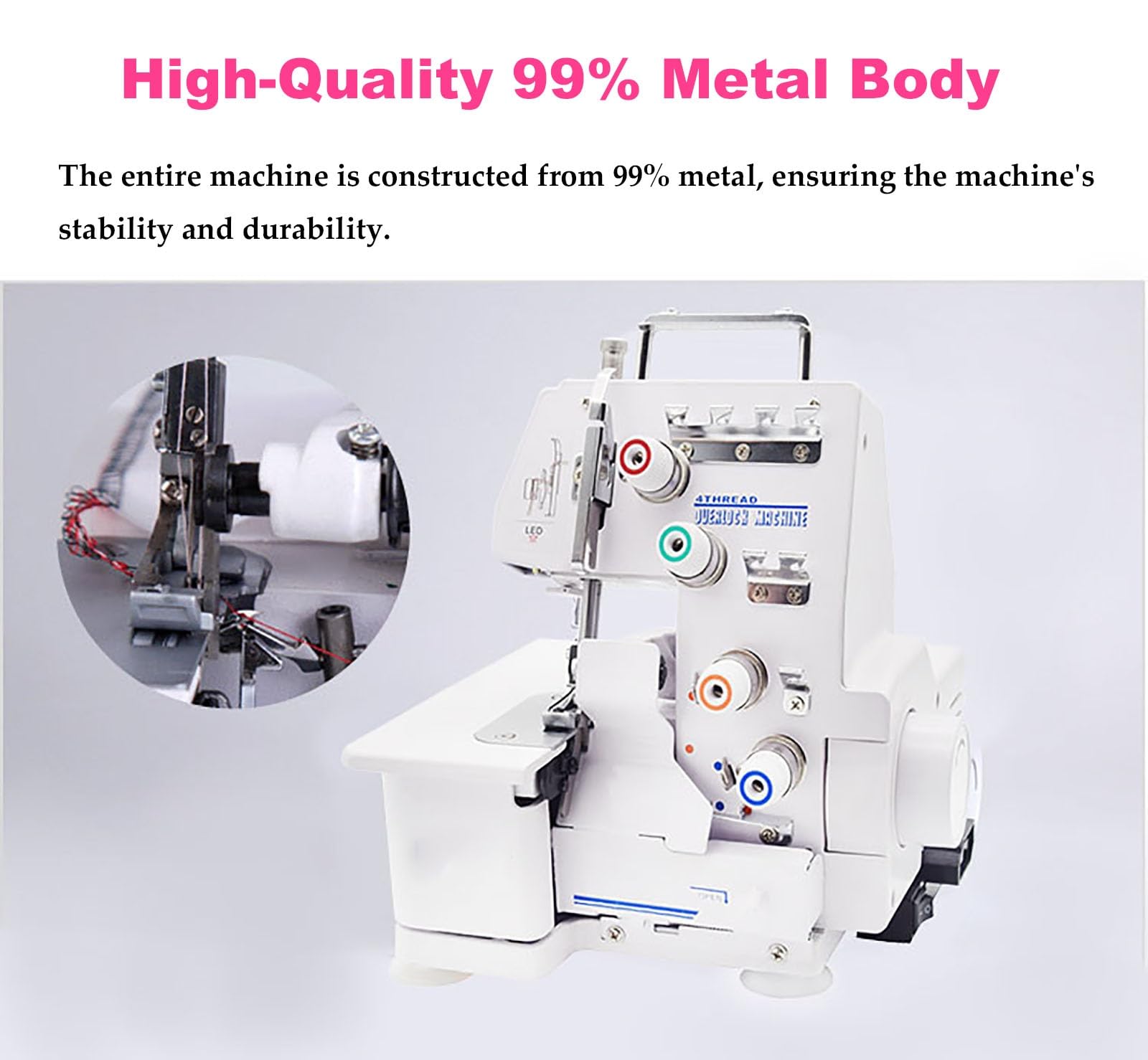 Owerlok 250 W ze światłem LED, elektryczna maszyna do szycia Serger ze sterownikiem nożnym, 4-nitkowa maszyna do szycia, 1500 ściegów/min, szerokość owerloka 4,7–5,7 mm