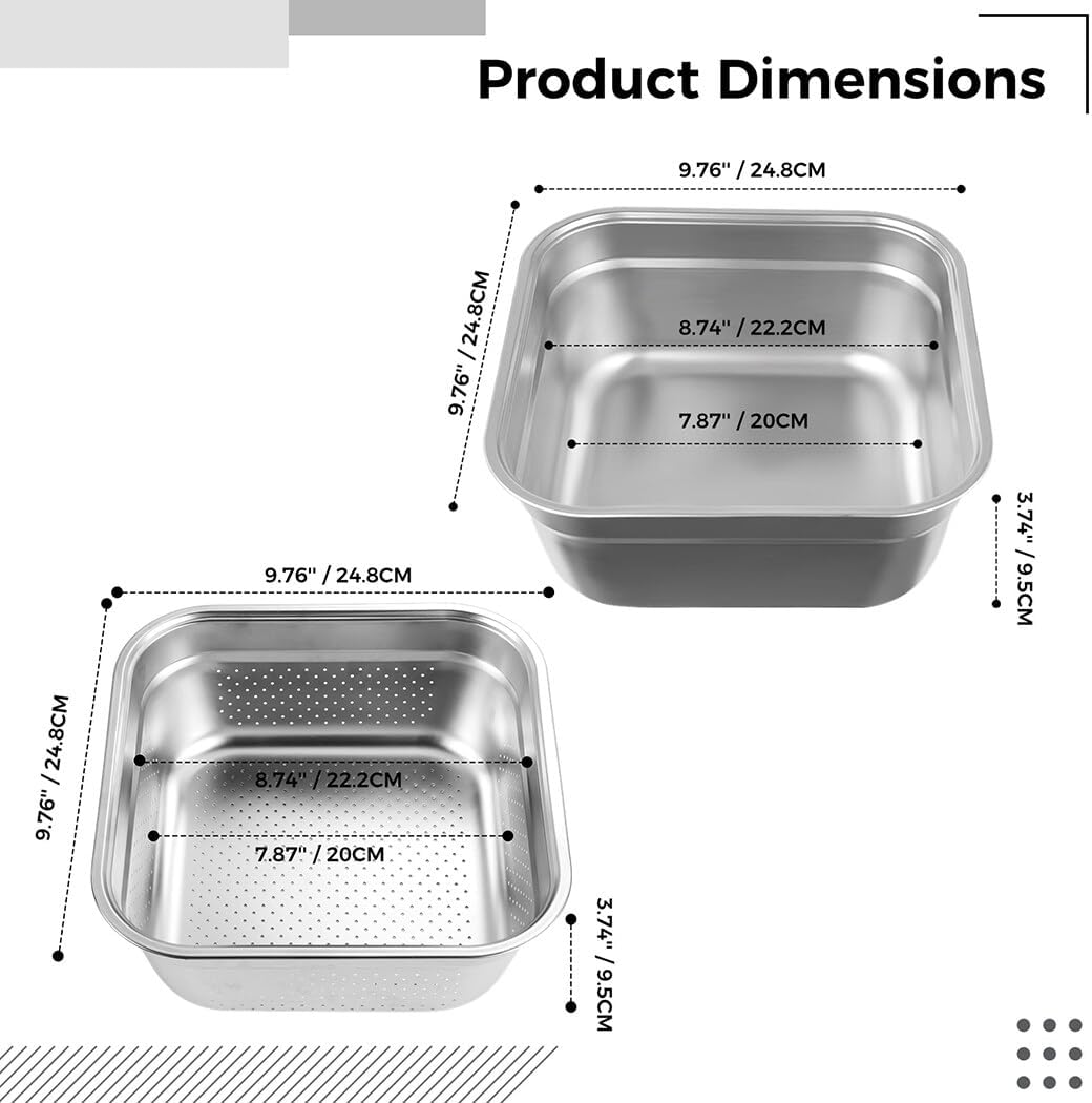 BOSREROY 24.8CM Stainless Steel Square Colander and Basin Set – Multi-Functional Kitchen Dish Tub for Sink, Kitchen Basket with Uniform Drainage Holes for Efficient Rinsing, Ideal for Food Prep