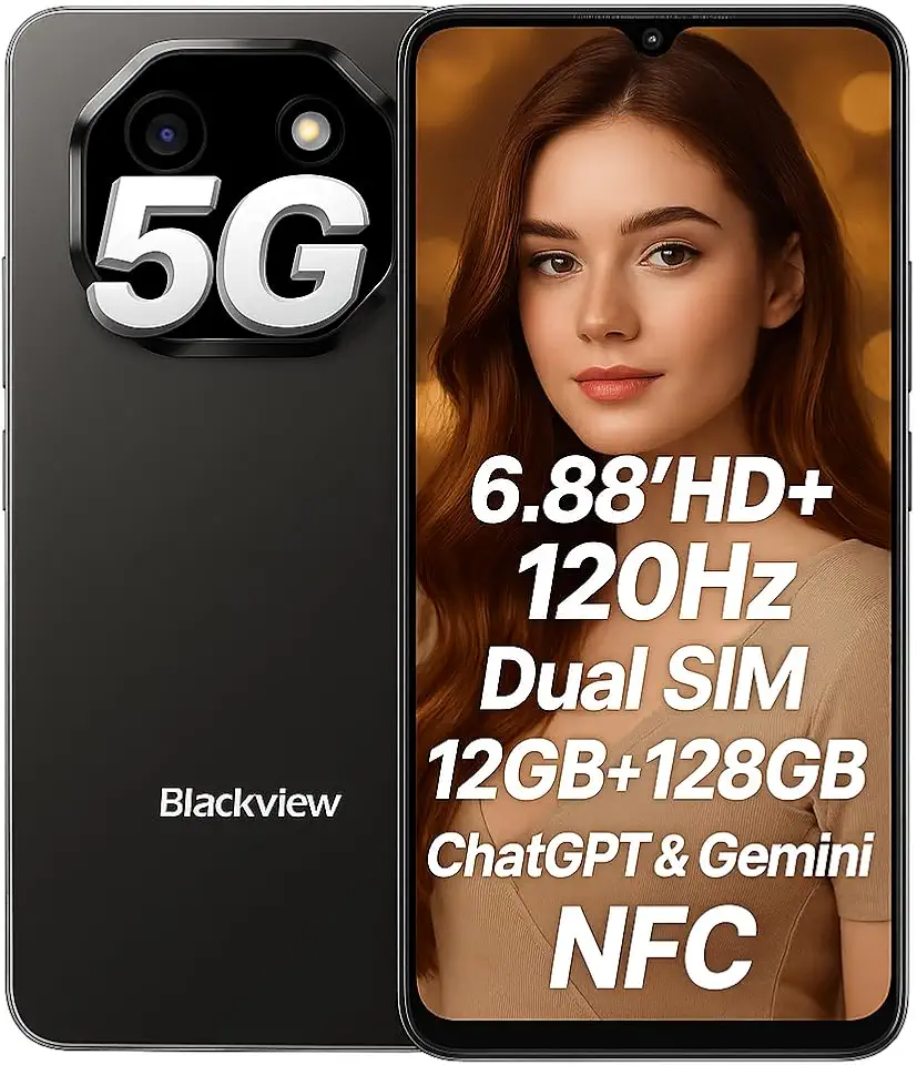 Blackview Shark 6 5G Teléfono Inteligente con IA, 12GB+128GB, Pantalla 6.88" HD+ 120Hz, 3 Asistentes IA Integrados, Cámara 16MP+8MP, Dual 5G Dual SIM, Android 15 Smartphone Móvil Libre, NFC, Negro