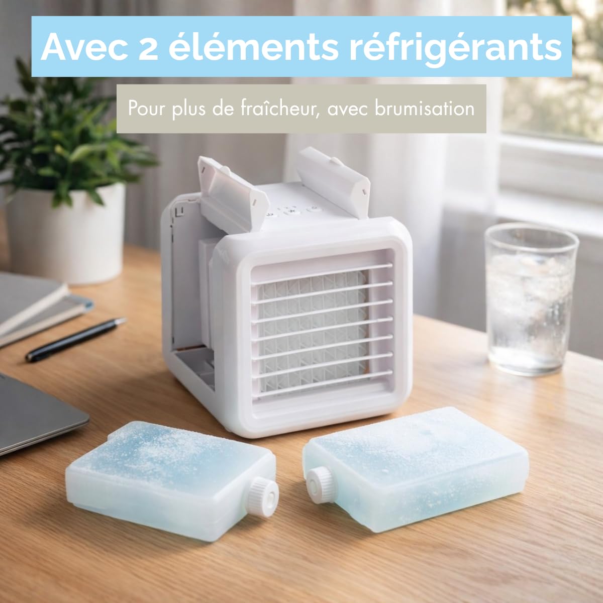 Mini Air Cooler - Climatiseur Mobile sans Évacuation Ventilateur Humidificateur D Air - Rafraichisseur D Air Silencieux 3 Vitesses Maison avec 2 Éléments - 16 x 16 x 16,5 cm