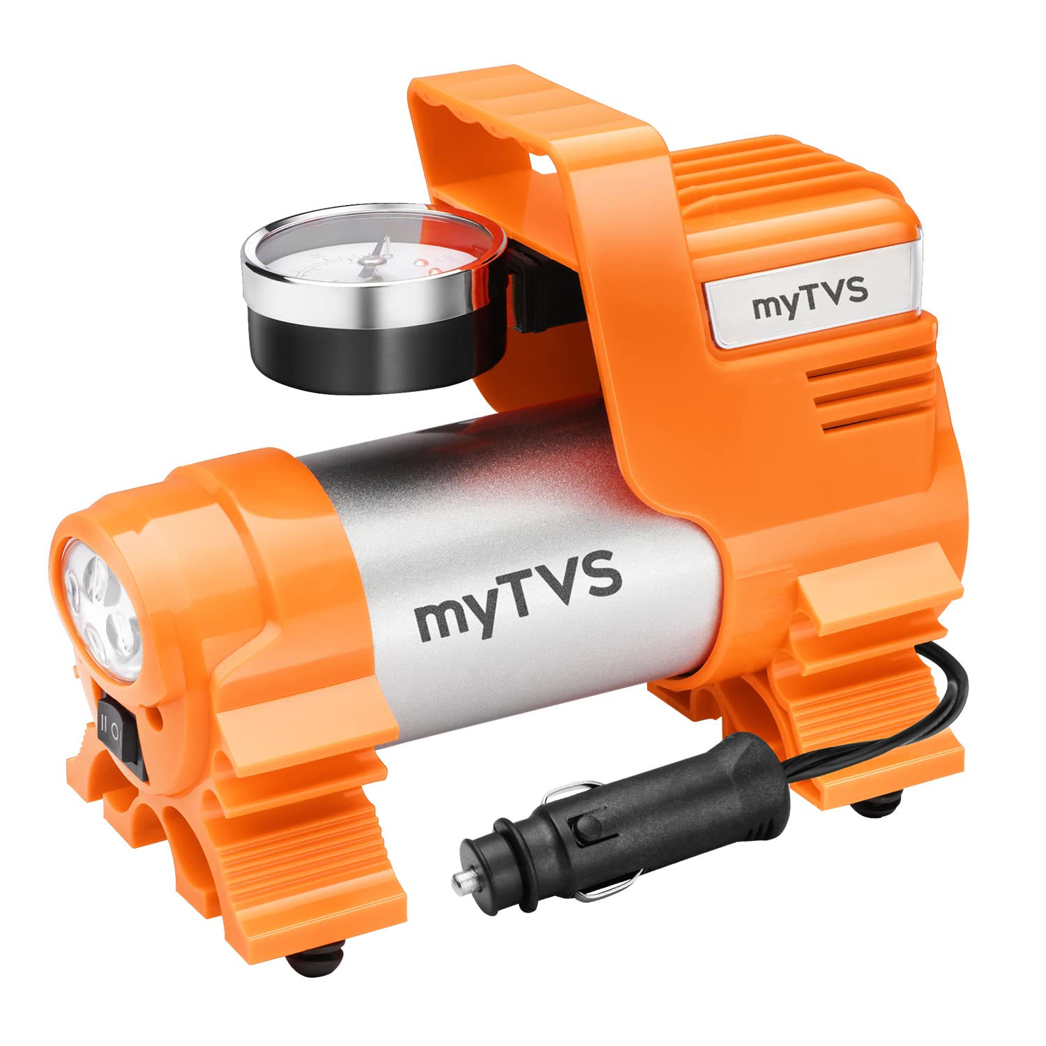 myTVS Car Tyre Inflator | 100 Psi, 12V Dc | Air Pump For Car Tyre | Portable Tyre Inflator For Cars With Led Torch | Compatible With All Car |1+1 Years Warranty (Ti-4),Orange