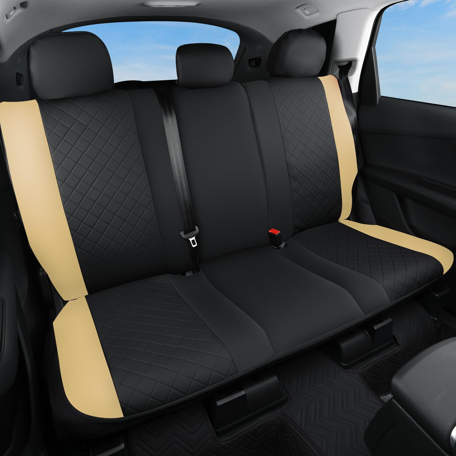 GIANT PANDA Rear Seat Cover for Cars (50-54''), Sedans, SUV, Truck, Universal Faux Leather Back Seat Protector 60/40 Split Automotive Bench Seat Cover (Beige)