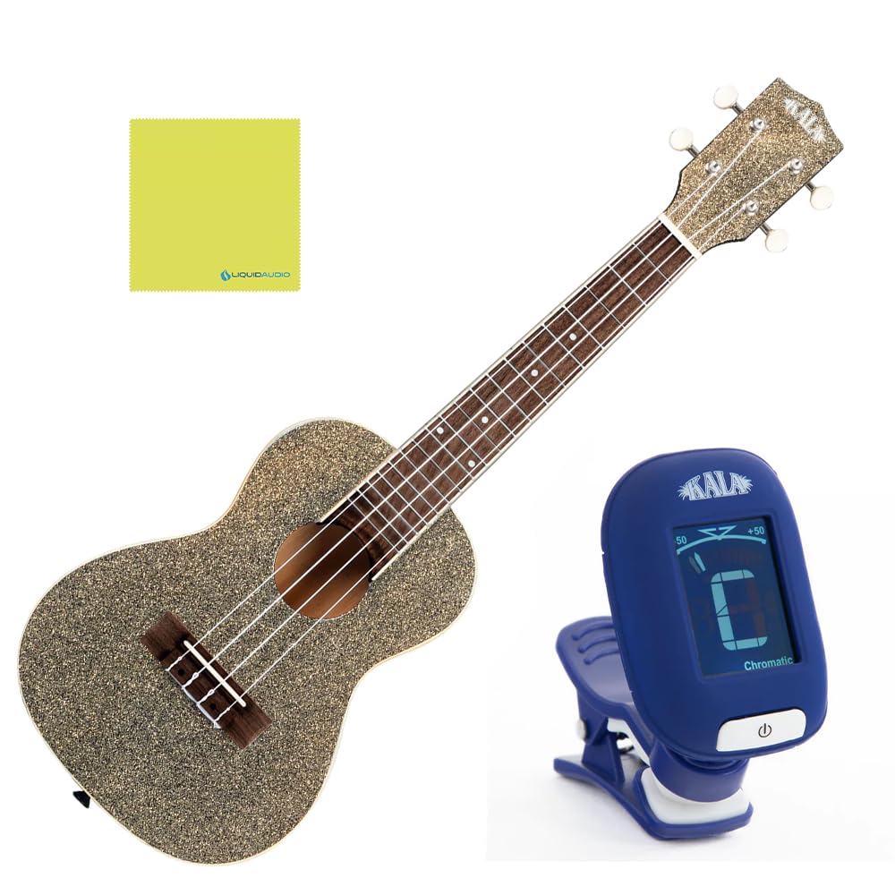 Kala Stardust Gold Sparkle Concert Ukulele Bundle with Kala Klipz Tuner in Blue and Liquid Audio Polishing Cloth - KA-SPRK-GOLD Model