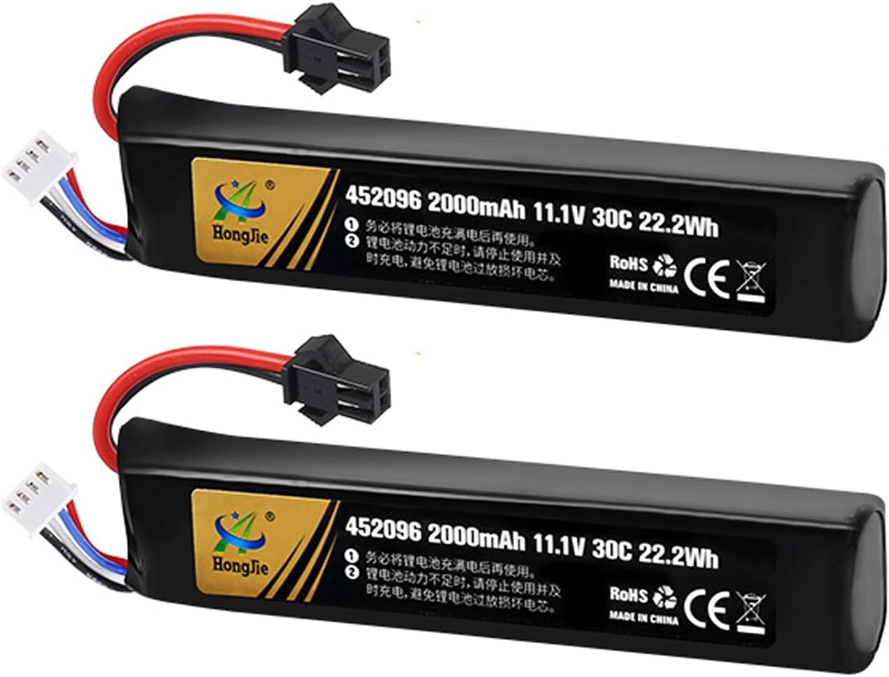 NOUCHU 6 Pack 452096 11.1V 2000mAh 30C Rechargeable Lithium Battery with Black Plug for Airsoft Gun