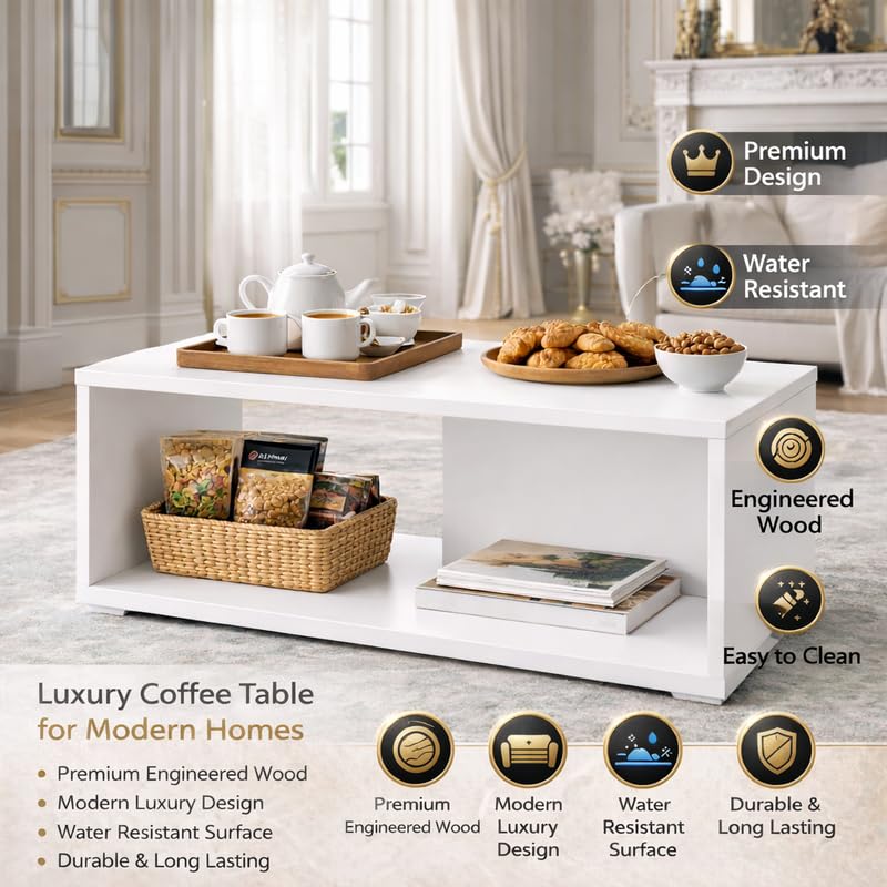 Image of Modern Coffee Table with Storage Shelf | Space Saving Center Table for Living Room | Engineered Wood Tea Table | Easy Assembly | Home & Office Use | DIY | Color-White | Size-90x50x45 Cm
