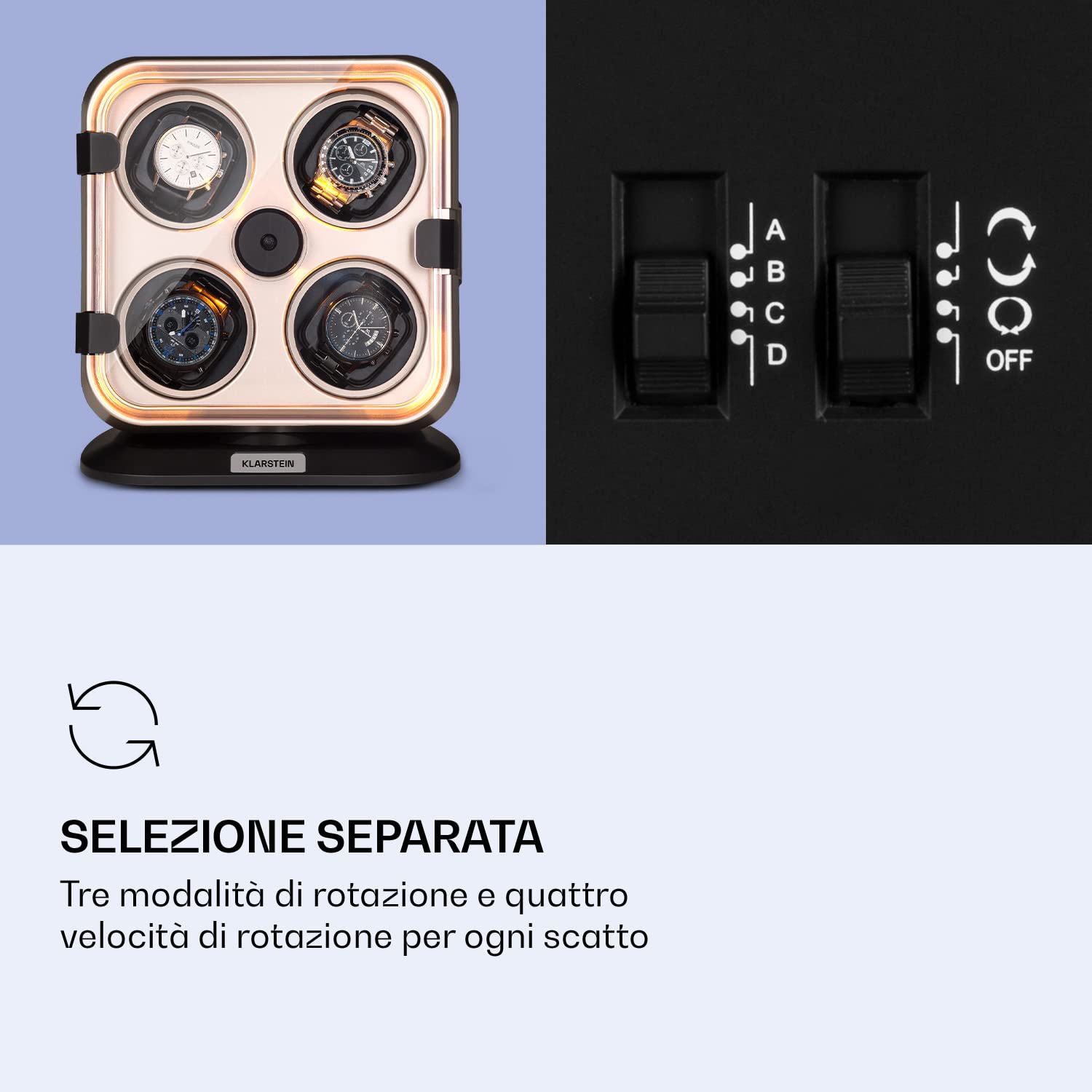 KLARSTEIN Scatola del Tempo per 4 Orologi, Carica Orologi Automatici con Vetrina in Acrilico, Porta Orologi Automatici per Uomo e Donna, Watch Winder Silenzioso con LED Blu, 4 Impostazioni TPD