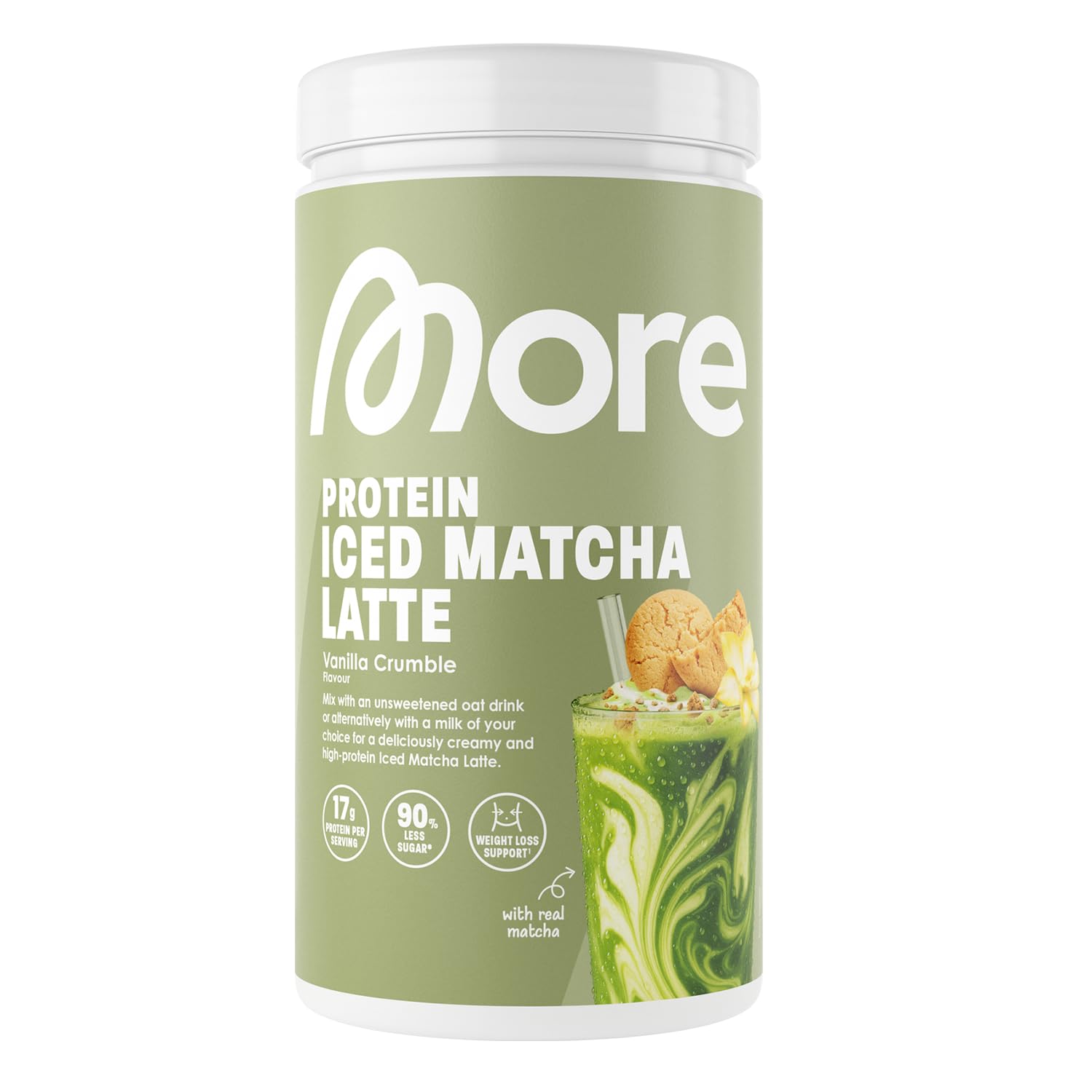 More Protein Iced Matcha Latte, Vanilla Crumble, 500 g, 1.1 lbs, 20 Servings, Matcha Powder with whey Protein, Low in Sugar and Fat – Made in Germany