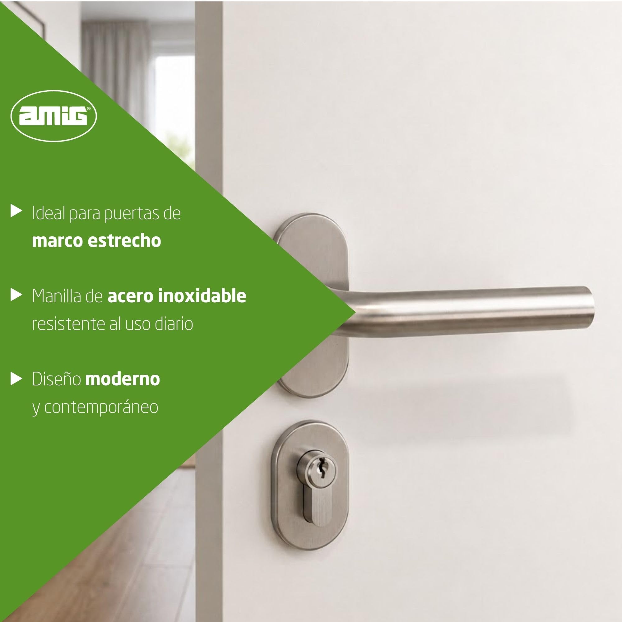 Amig - Juego de manillas Modelo 4 “O” con placa ovalada - Acero inoxidable 18/8-136x19(diámetro) mm - Roseta de acero niquelado de 65x31mm