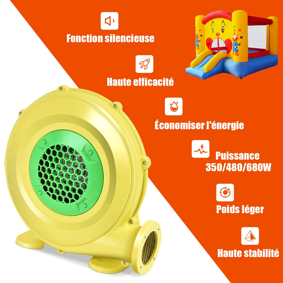 RELAX4LIFE Pompe Électrique Gonflable avec Moteur en Cuivre 350W/450W/680W/850W, Souffleur d'air avec Ventilateur pour Château Gonflable, Maison Gonflable de Rebond de l'eau, Cavalier, Jaune