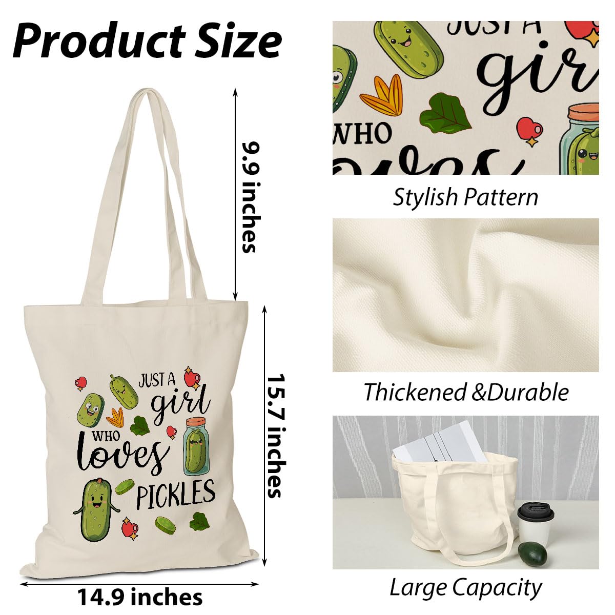 Ggjgrpx Aesthetic Canvas Tote for Pickle Lovers, Pickle Gifts for Women Girls, Just A Girl Who Loves Pickles Decor, Birthday Friendship Gifts for Sister Bestie Coworker