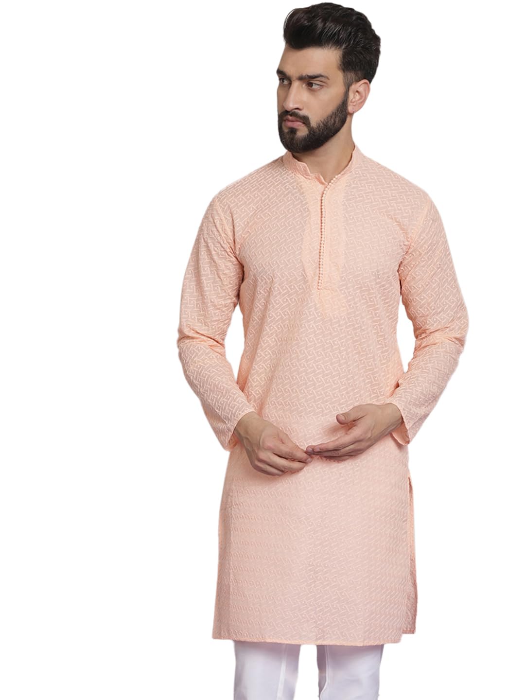 Sojanya (Since 1958 Ethnic Motifs Embroidered Thread Work Pure Cotton Peach Straight Only Kurta