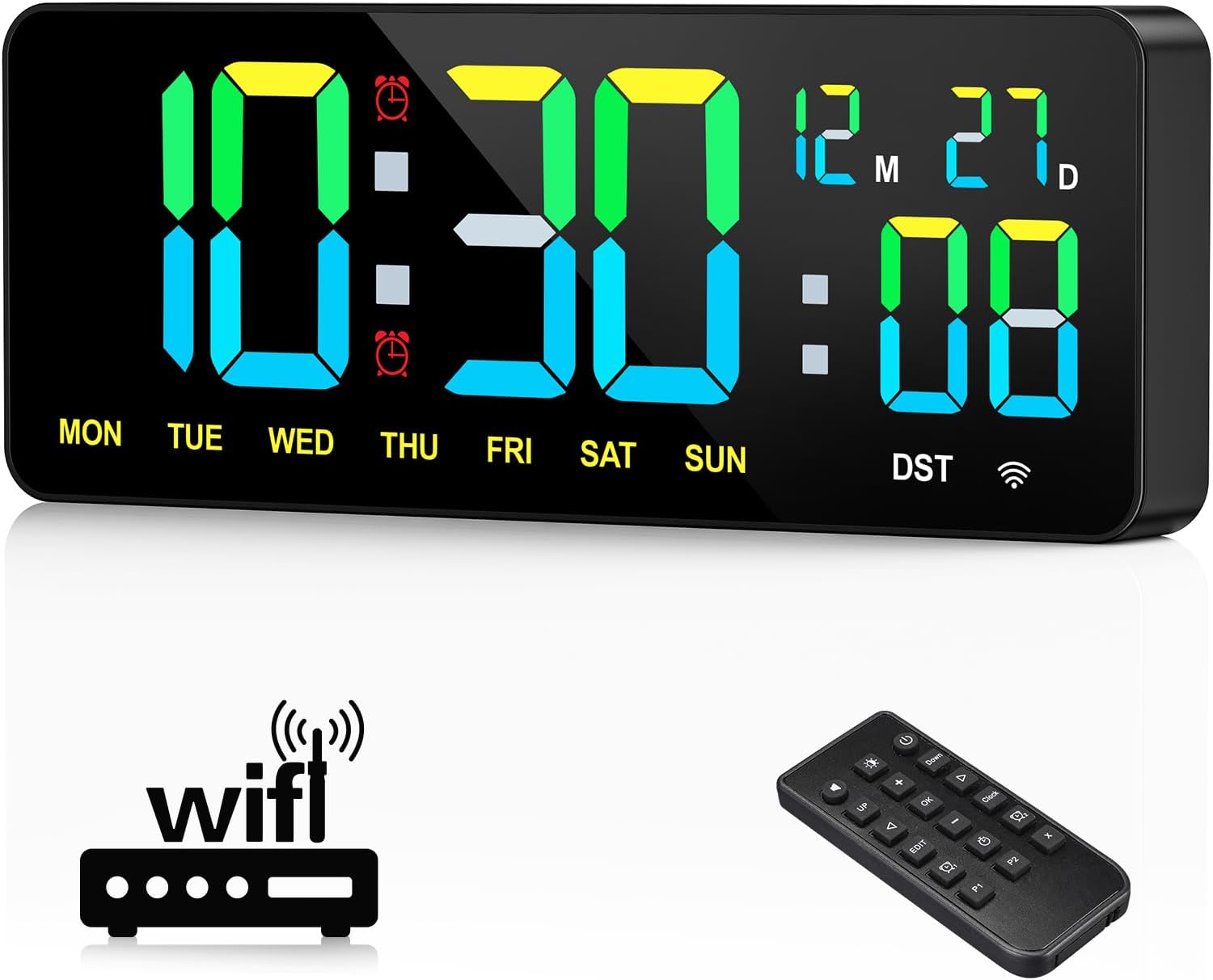 12" Large Digital Wall Clock WiFi Sync for Bedroom, Living Room, Classroom, WiFi Clock with Remote Control, Temperature, Timer, Dual Alarms, Dimmer, Auto DST, Voice Control
