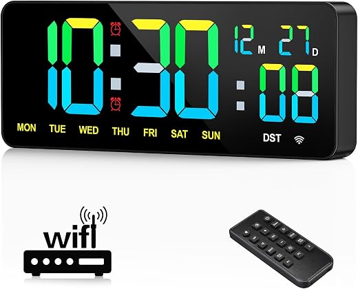 12 Large Digital Wall Clock Wi Fi Sync for Bedroom, Living Room, Classroom, Wi Fi Clock with Remote
