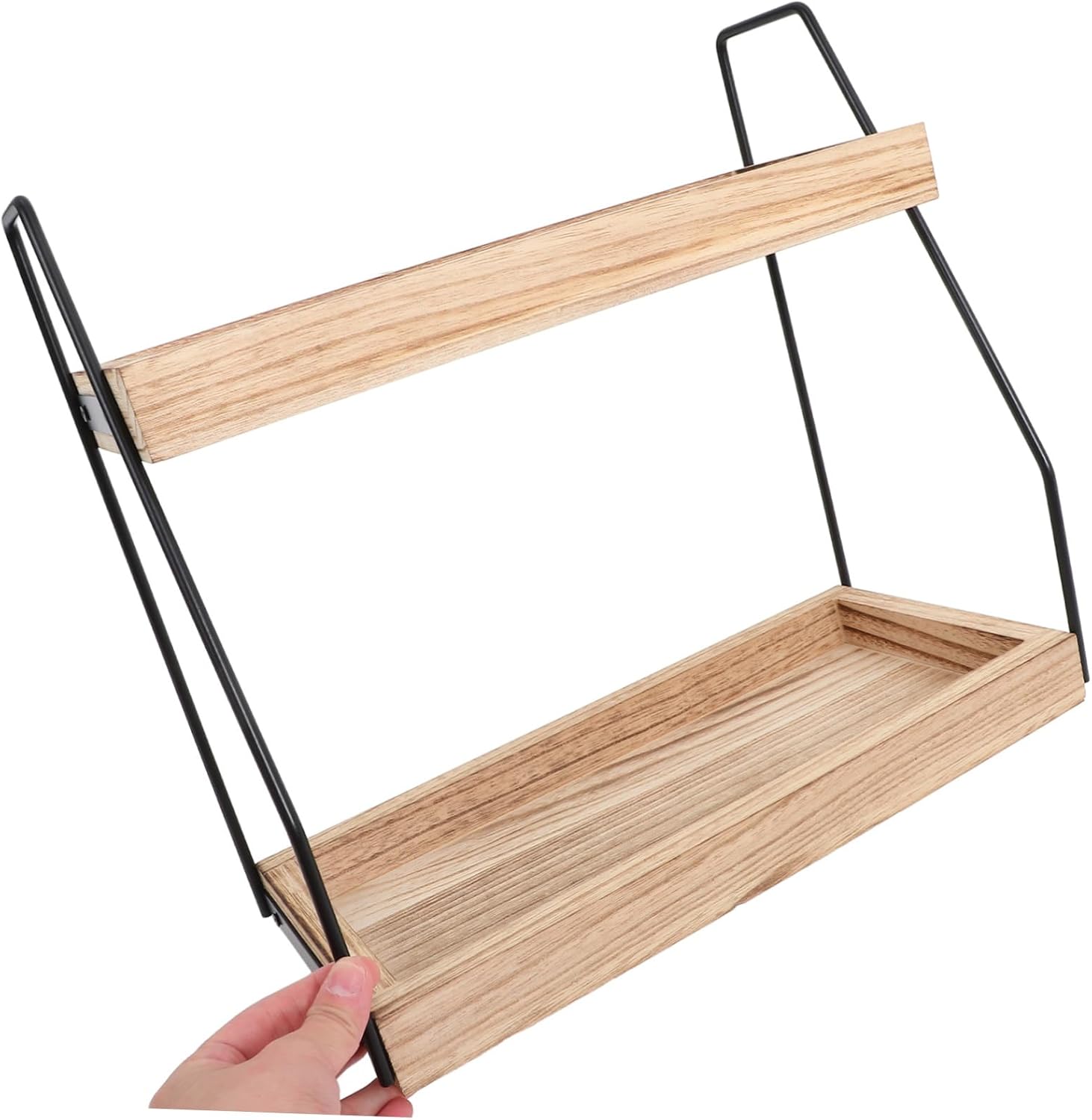 Wooden Double Storage Rack with Iron Frame Bathroom Toiletry Organizer and Kitchen Countertop Spice Shelf Multi Purpose Desktop Tray for Efficient Home Storage