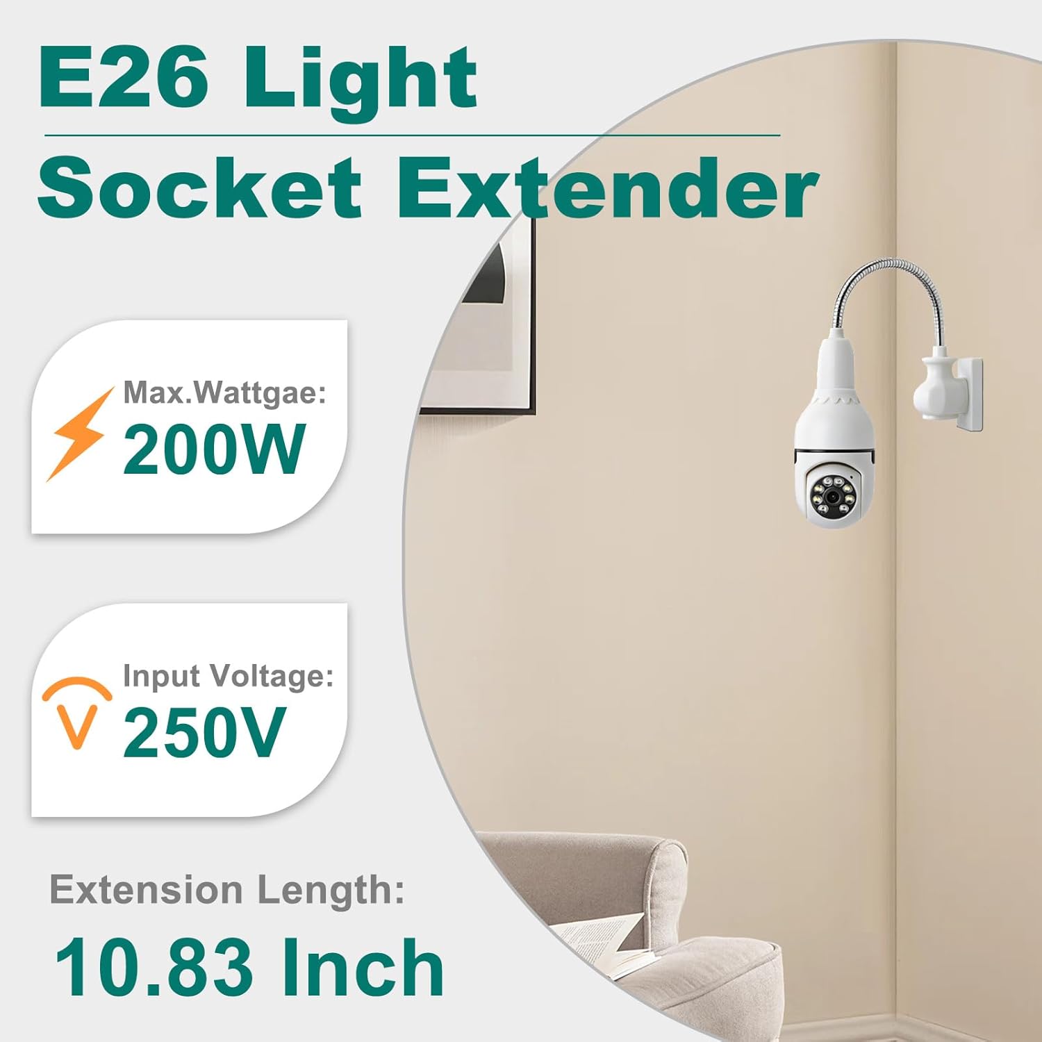 DiCUNO E26 to E26 Socket Extender (27.5CM/10.83 Inch Extension), Standard Screw Base, 165℃ Heat-Resistant No Fire Hazard, Maximum Wattage 200W, Bendable Light Bulb Extender Adapter, 2-Pack