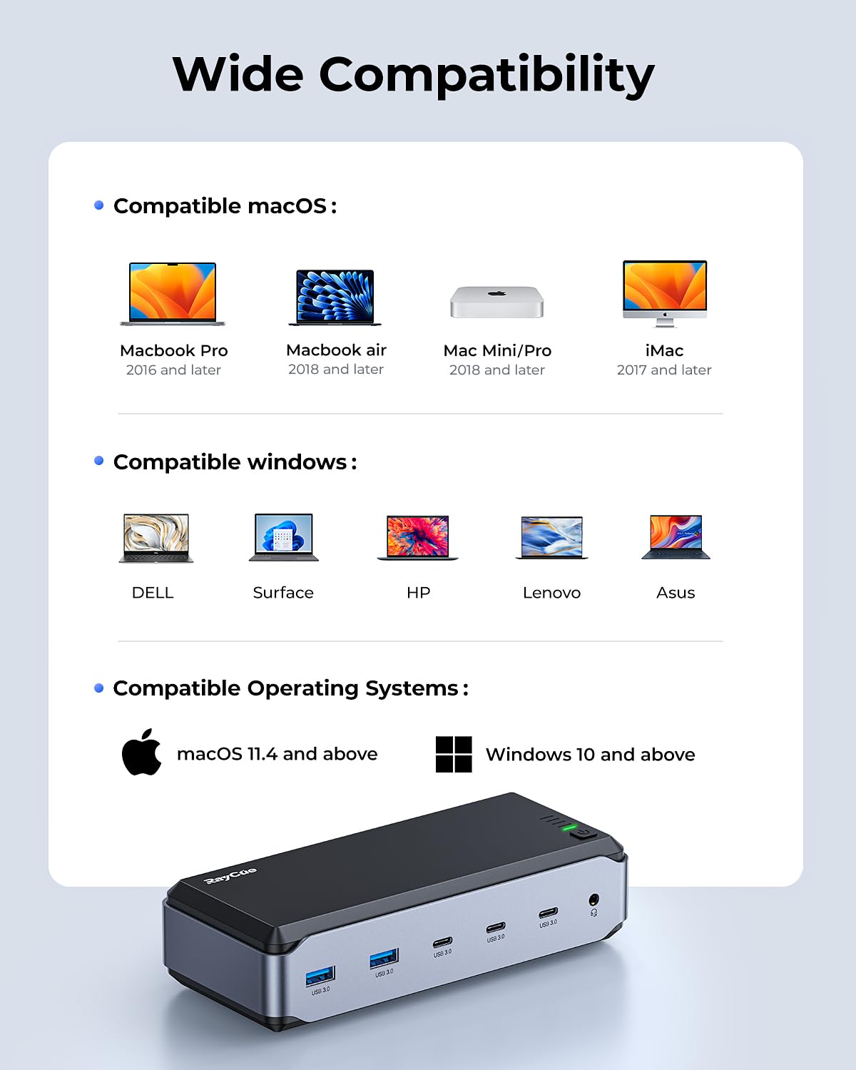 RayCue - Estación de acoplamiento USB C, triple monitor, estación de acoplamiento 15 en 1 para MacBook Pro, M1/M2, Mac, Windows, estación de acoplamiento para laptop, doble monitor con HDMI*3, RJ45,