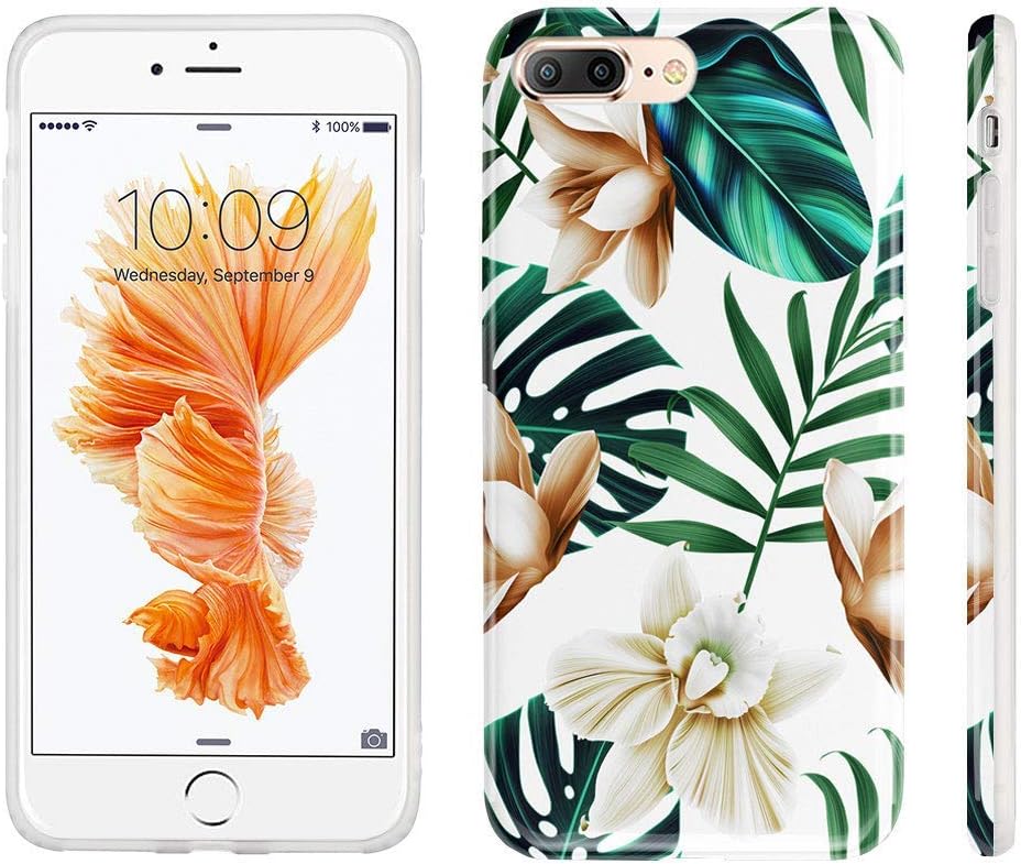 J.west iPhone 8 Plus Case, iPhone 7 Plus Case, Summer Flower Design Palm Leaves Slim Flexible TPU Glossy Soft Rubber Silicone Protective Phone Case for iPhone 7 Plus/8 Plus (Leaf)