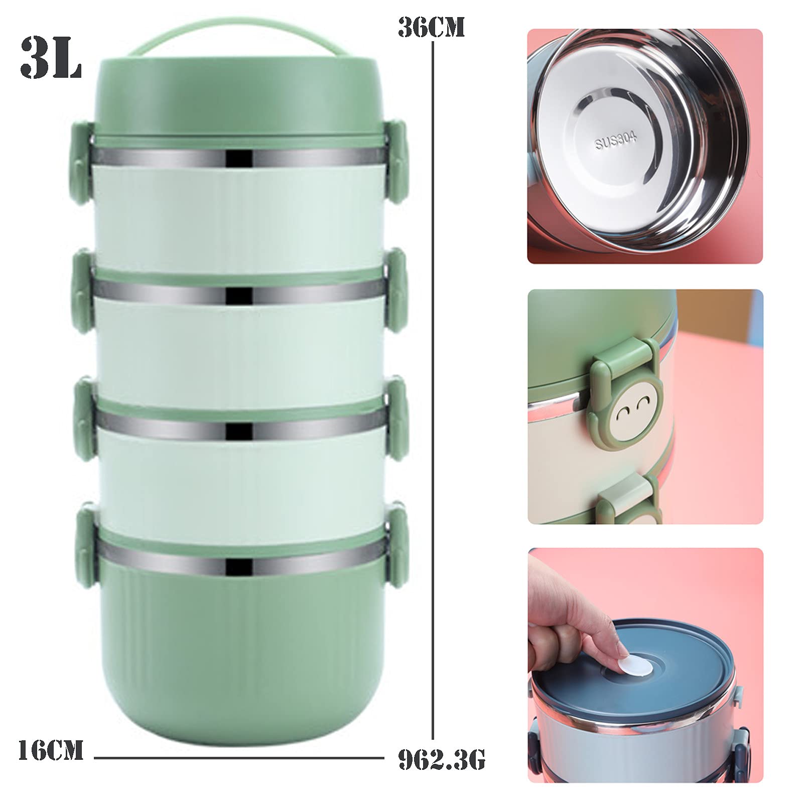 Fiambrera térmica de 4 Niveles con Bolsa para el Almuerzo: Mantiene la Comida Caliente o fría para niños, Adultos, la Escuela, la Oficina, los picnics y los Viajes. Colo