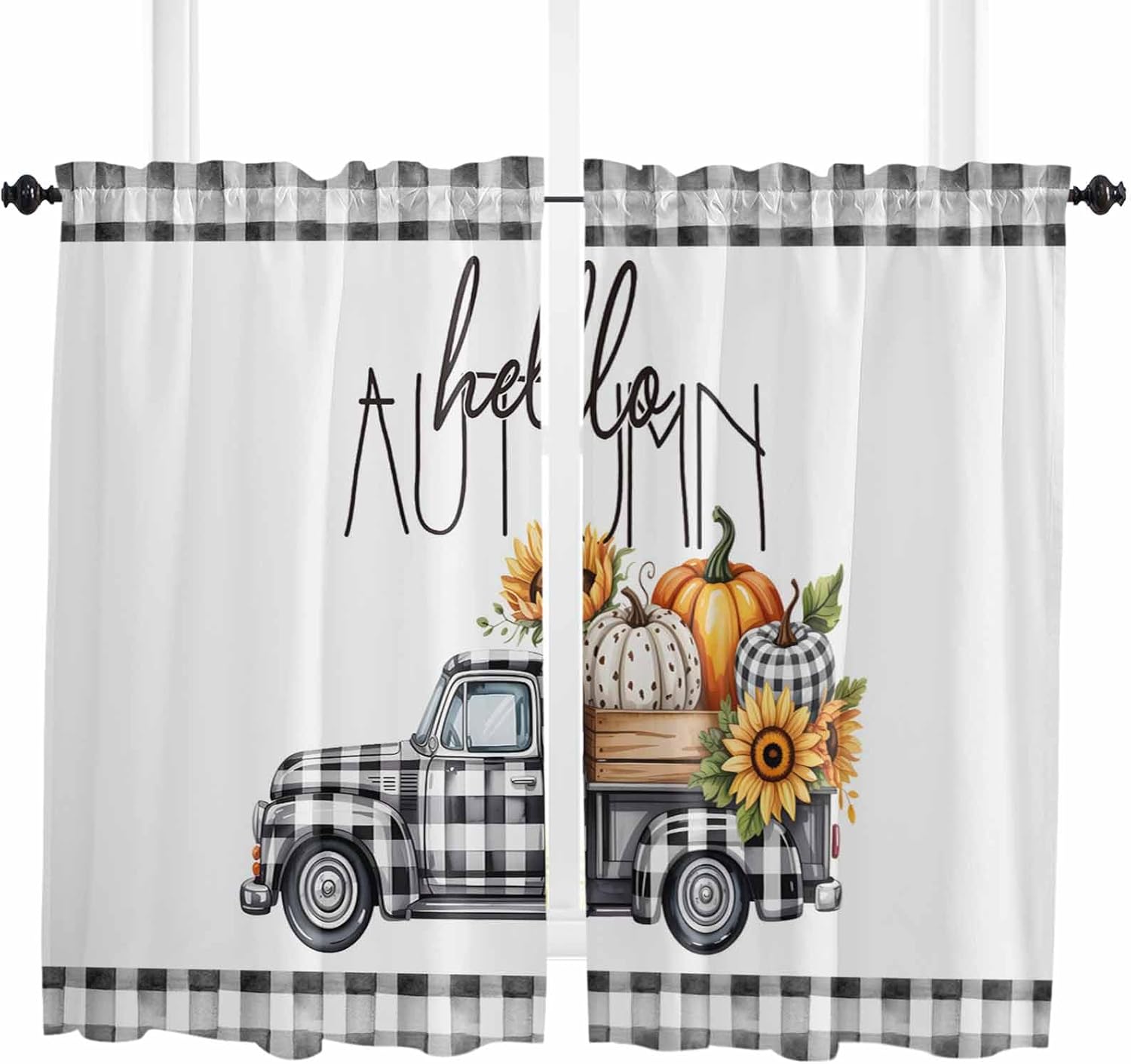 Black White Truck Fall Kitchen Curtains, Pumpkins Thanksgiving Checkered Light Filtering Window Curtain Panels, 2Pcs Rod Pocket Window Treatments Set for Cabin Bathroom Bedroom 52x45 Inches