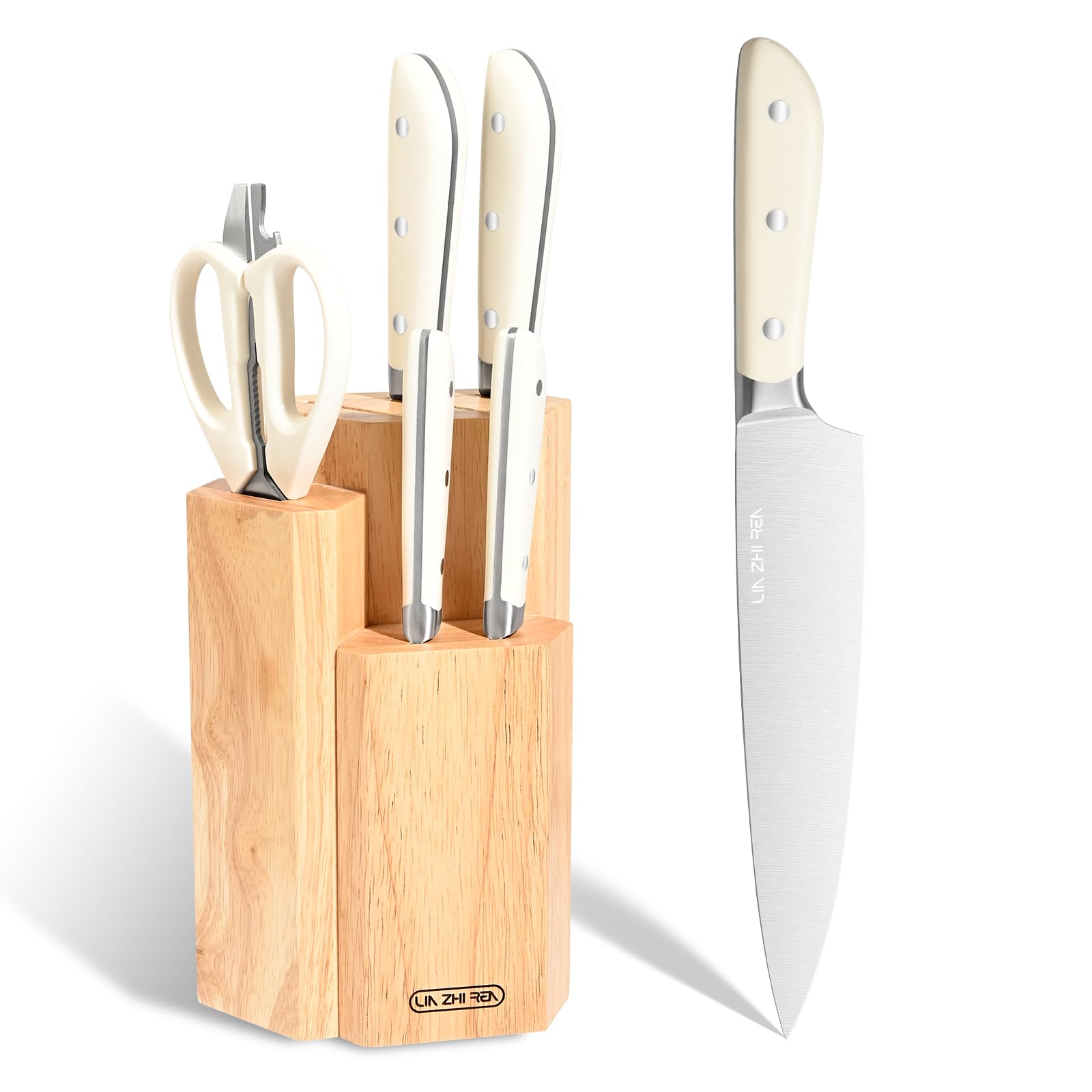 LIN ZHI REN Kitchen Knife Set with Block, 7-Piece Professional Stainless Steel Chef Knife Set, Full Tang Triple Rivet Ultra Sharp Knives, Ergonomic Handle for Home Kitchen & Professional Use (White) — image 1