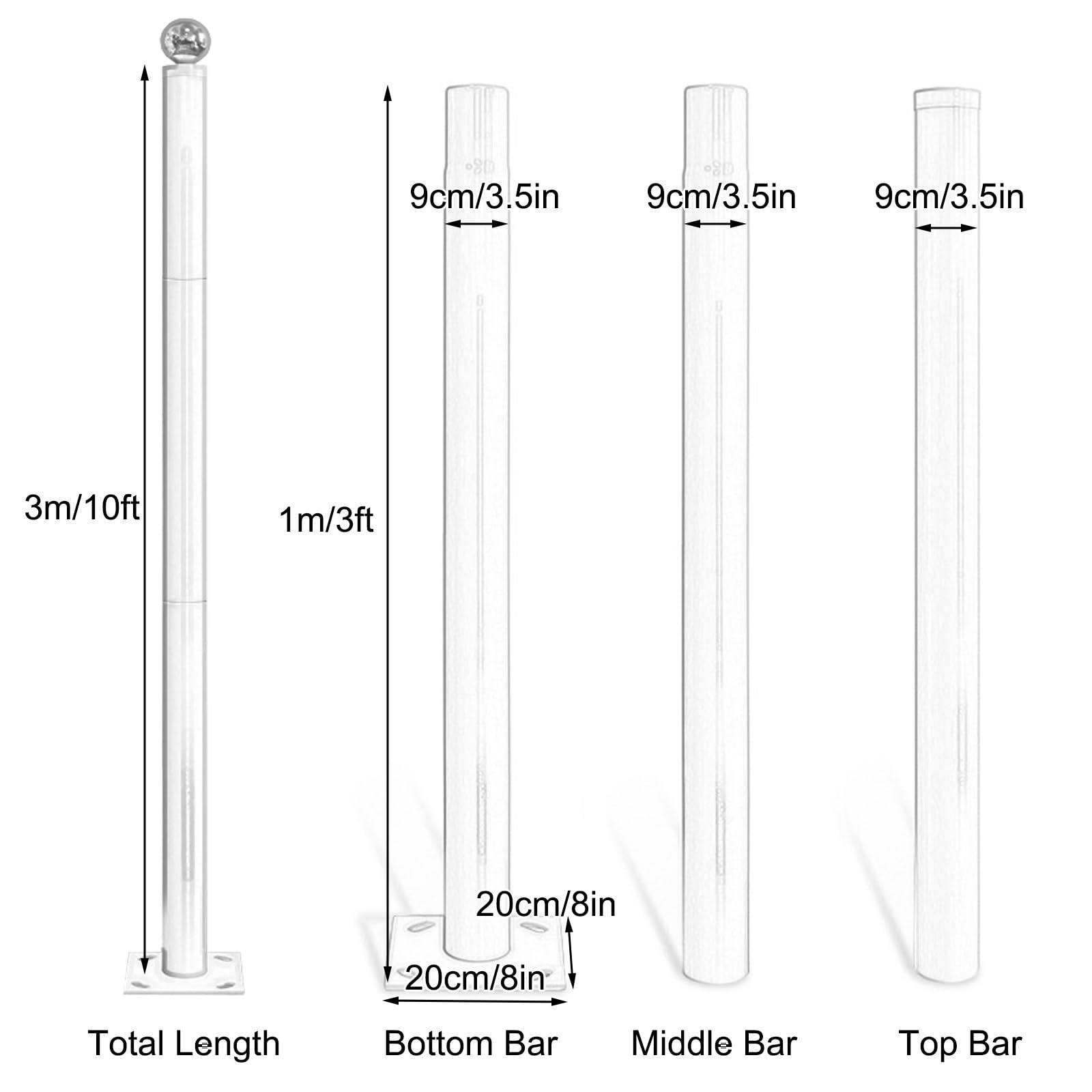 Postes de Luz de 300Cm 400Cm 500Cm 600Cm para Exteriores para Calles Patios Patios Traseros Canchas de Baloncesto y Parques con Varillas de Montaje(White,300cm/10ft)