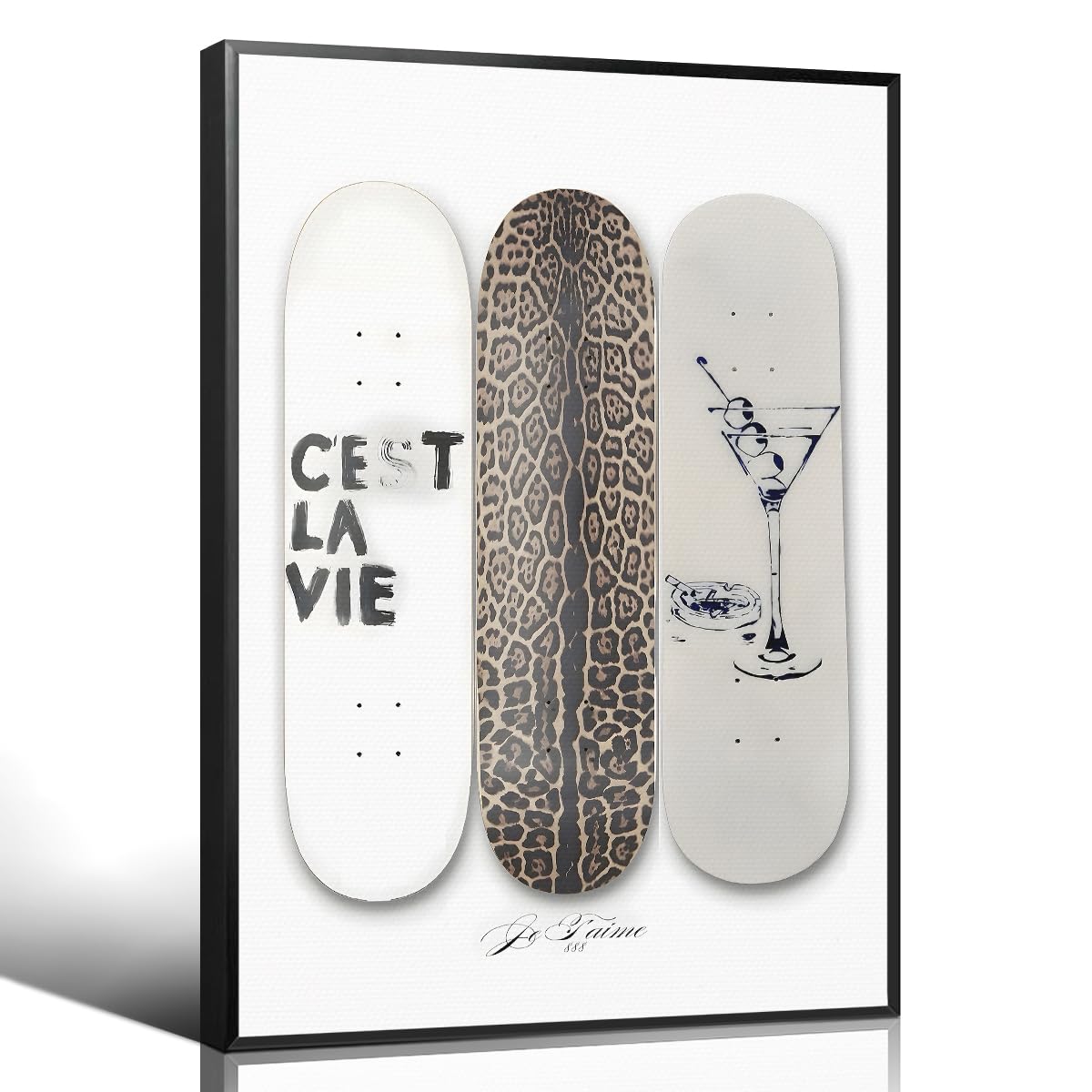 Xbsifyiooa Leopard Skateboard Canvas Wall Art, C'est La Vie Positive Affirmations Quote Poster, Dirty Martini Print Trendy Bar Cart Wall Decor, Fashion Above Bed Girly Dorm Picture 12X16in Unframed