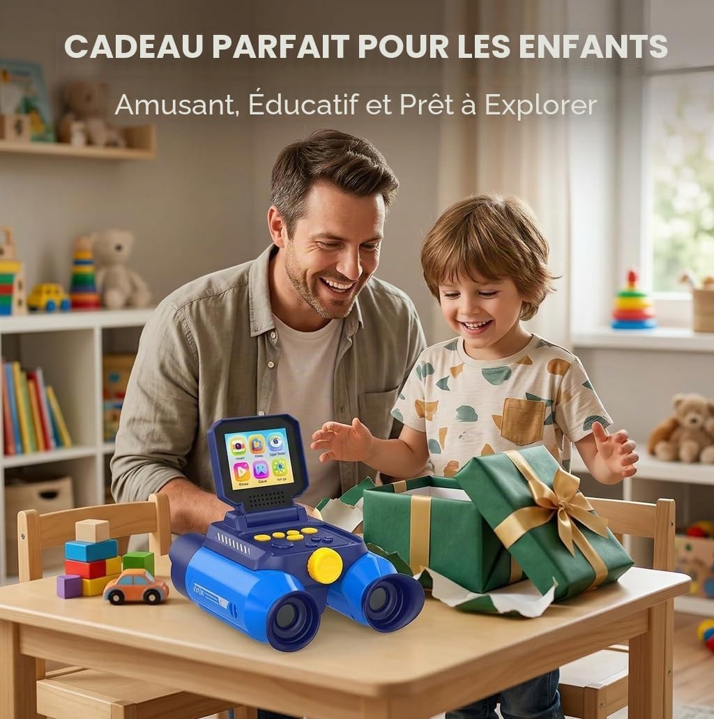 Jumelles Enfant Zoom Optique 10x Appareil Photo 48 MP Vidéo 1080P Vision Nocturne 25 m Bleu Foncé