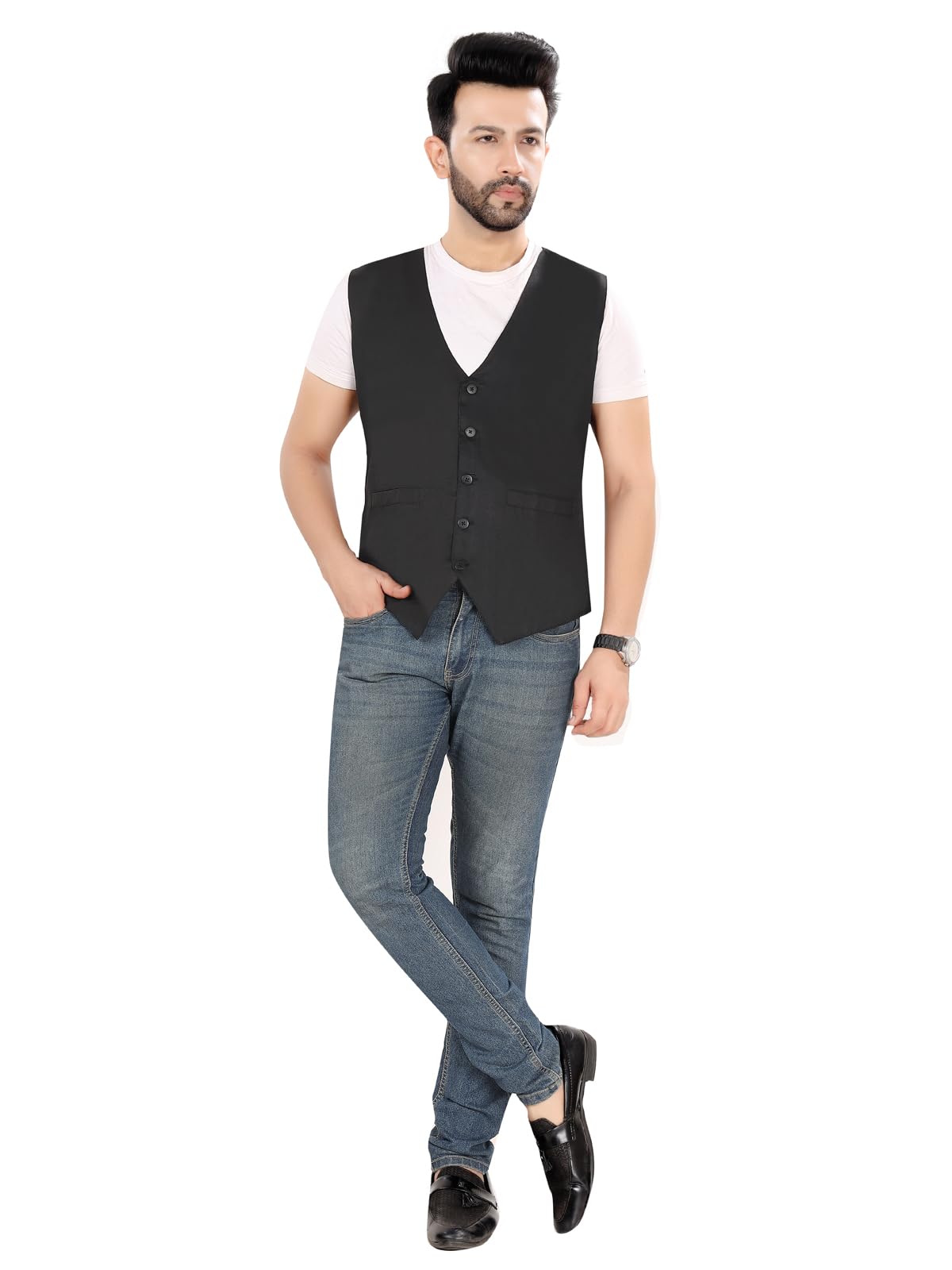 Men's Formal Vest, Black, Sleeveless, Button Front, V-Neck, Waistcoat with Pockets Cooking Restaurant, Catering Business, Hotel, Uniforms