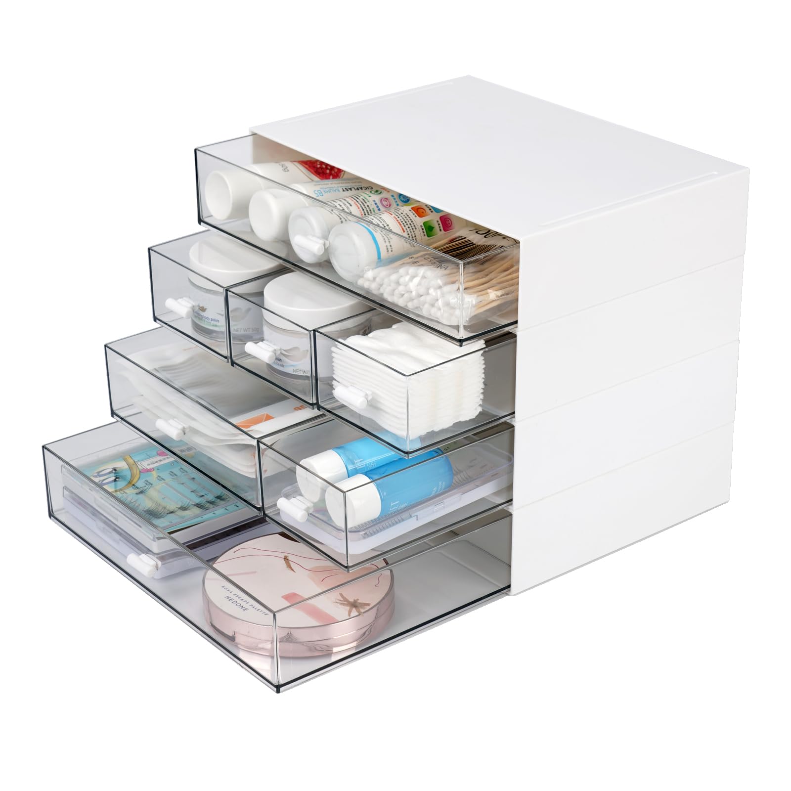 Osteed 4 Flat Layers & 7 Drawers, White Desk Tidy Organiser With 7 Drawers, Makeup Storage Drawers, White