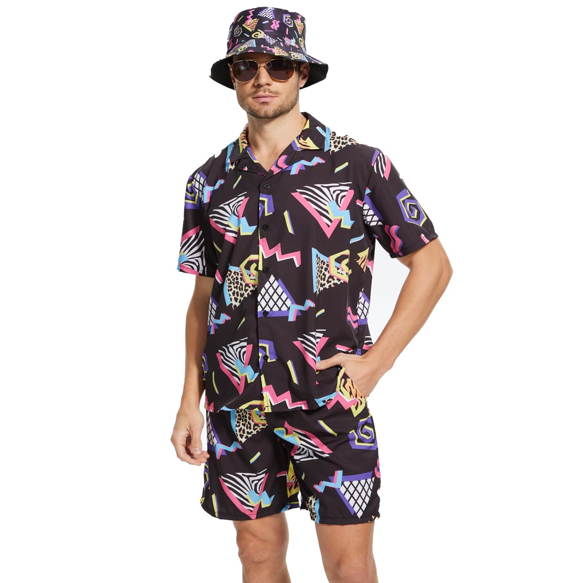 CEKUIA 80s 90s Fancy Dress Shell Suit Disco T-shirts Shorts Set Costume Hip-hop Sportswear for Men Women Tracksuit with Glasses and Hat