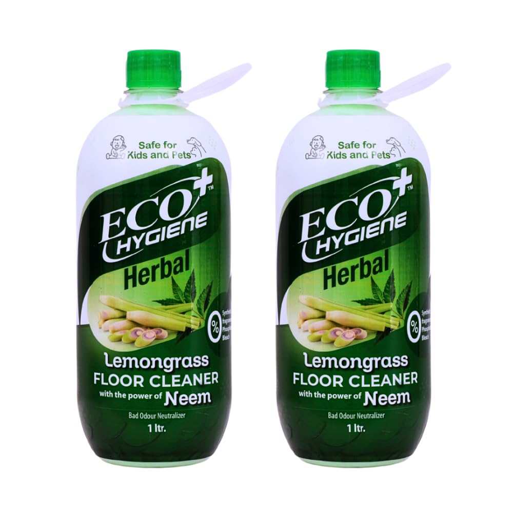 Eco Hygiene+ Herbal Floor Cleaner I Lemongrass I 1L I 100% Natural with Power of Neem I For 99.9% Anti Bacterial Protection I Deodorizer I Organic Multi Surface Bathroom Tile Cleaner (Pack of 2)