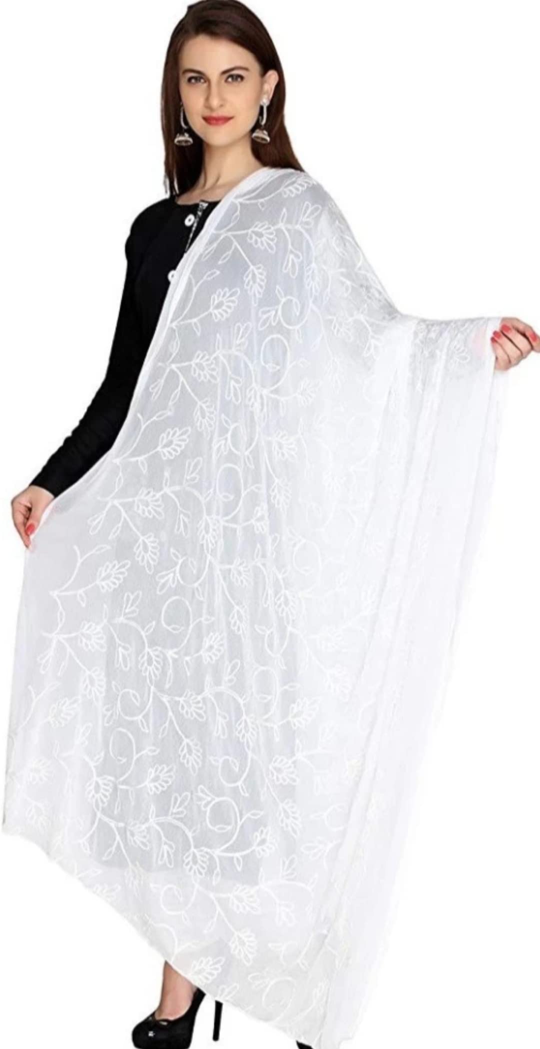vaidehiFT White Chiffon Arri Work Full Embroidered Four Side Lace Dupatta For Girl & Women-picture-36