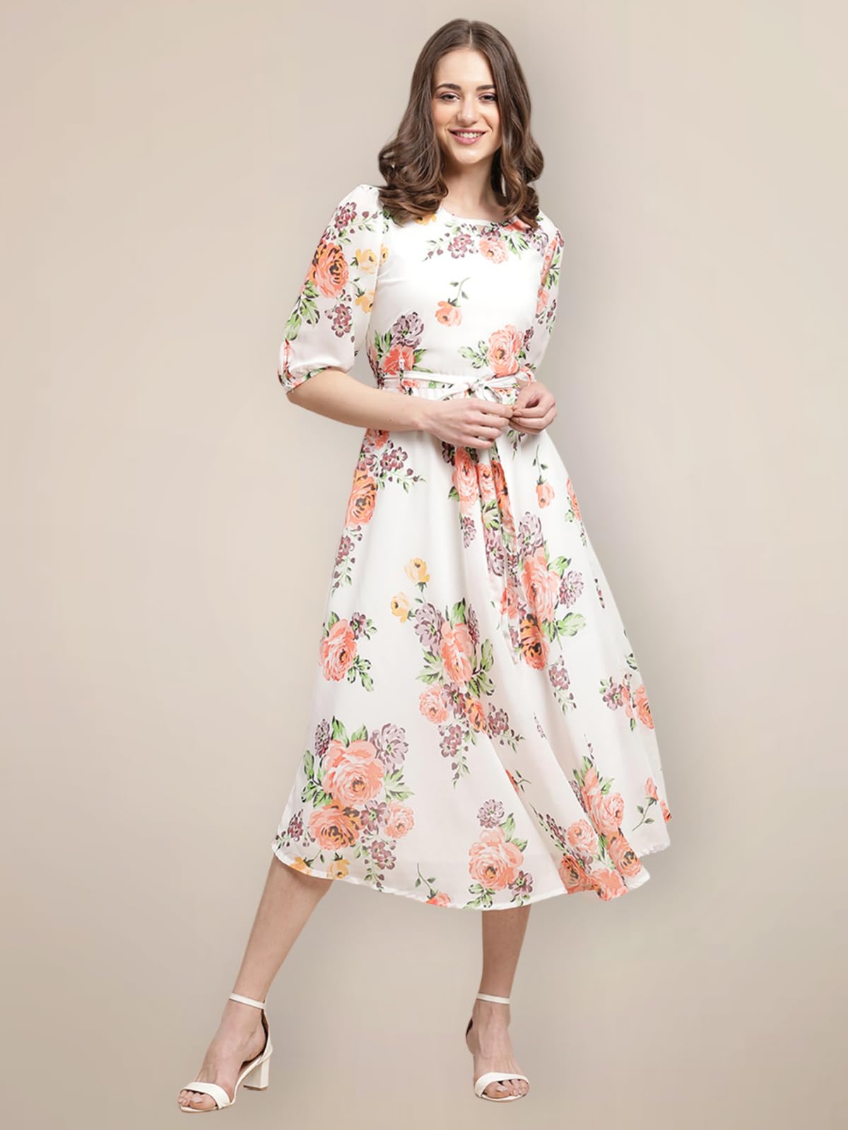 Preneum Women's Maxi Fit & Flare Latest Style Print Georgette Regular Sleeves Casual Summer Maxi Dress || Festival & Occasion, Off White, S