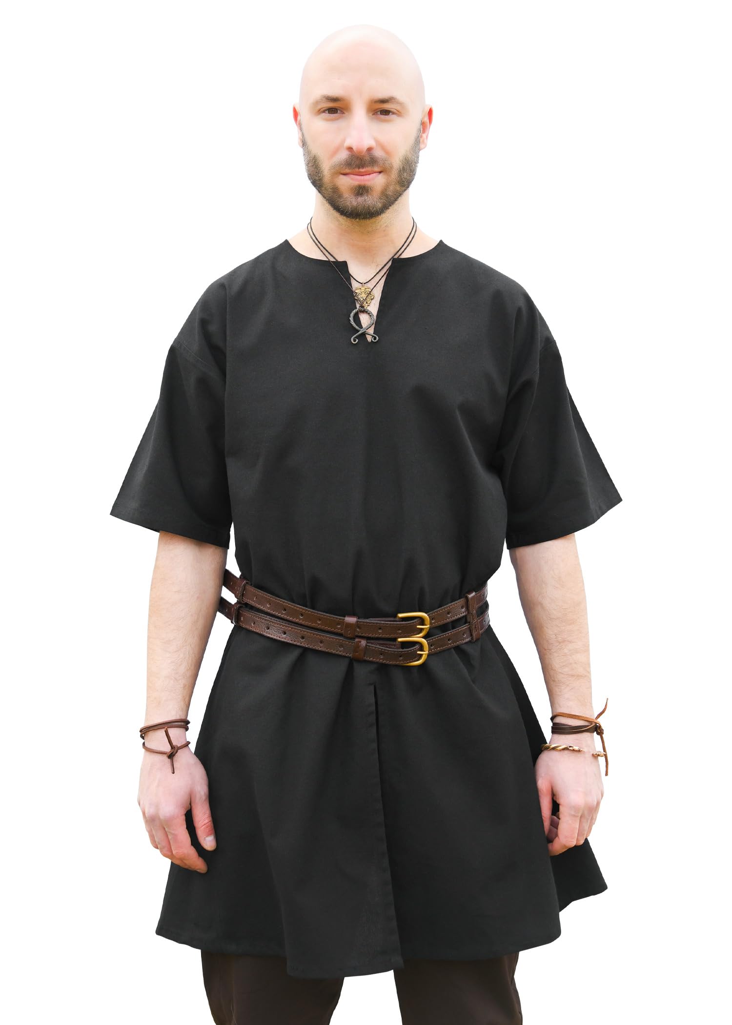 Battle-Merchant - Medieval Tunic Jasper for Men - Short Sleeve Viking Shirt - LARP (Black, XXL)