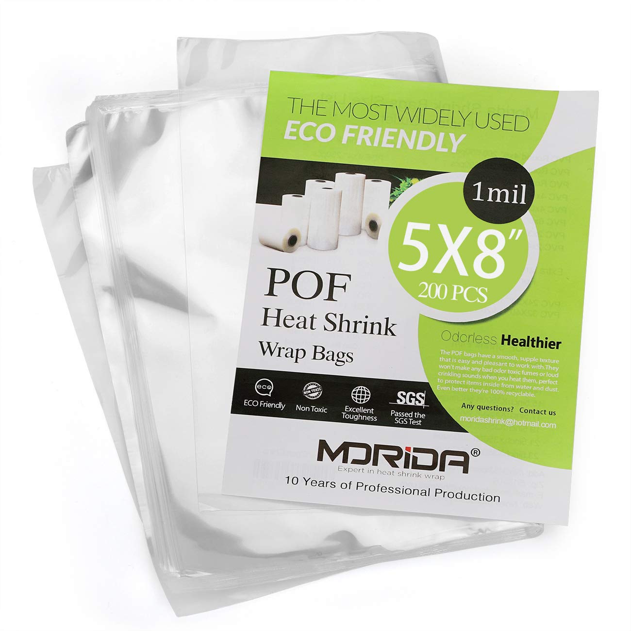 MORIDA 200 pcs 5X8 inch POF Heat Shrink Wrap Bags 100 Gauge, Softer, Clear Film for Gifts, Bottles, DIY Handmade Crafts, Dustproof Packaging, Odorless